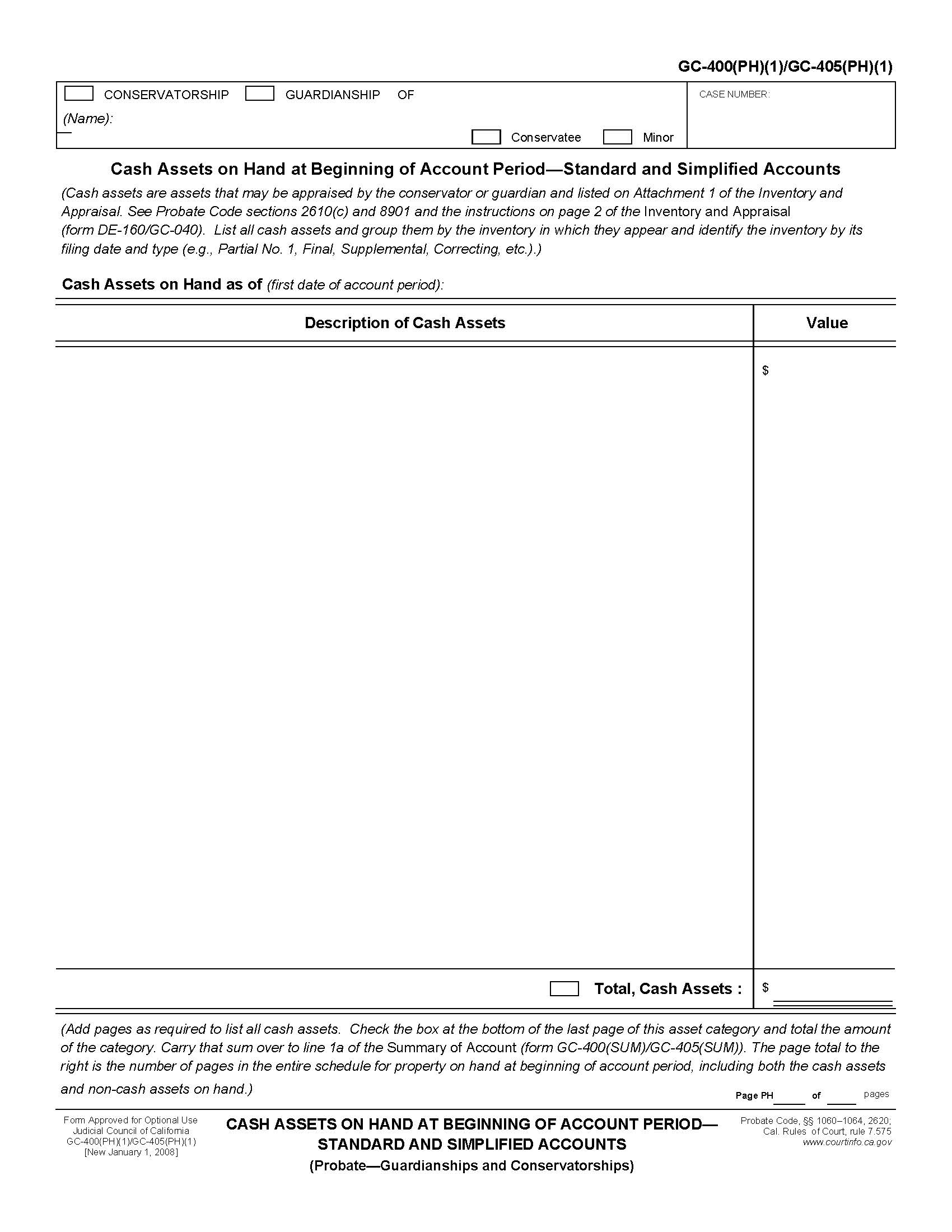 Cash Assets On Hand At Beginning Of Account Period {GC-400(PH)(1) GC-405(PH)(1)} | Pdf Fpdf Doc Docx | California