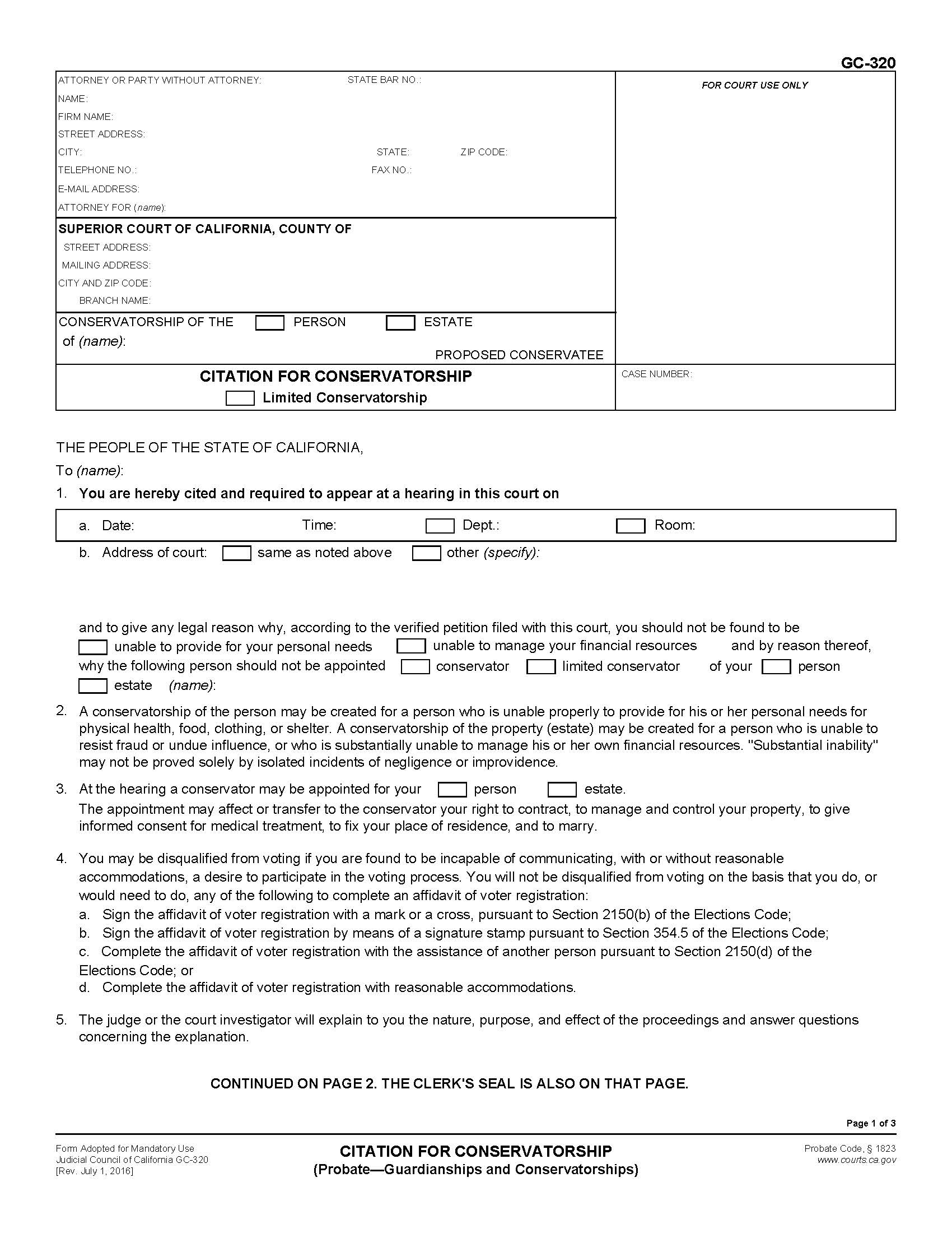Citation For Conservatorship {GC-320} | Pdf Fpdf Doc Docx | California