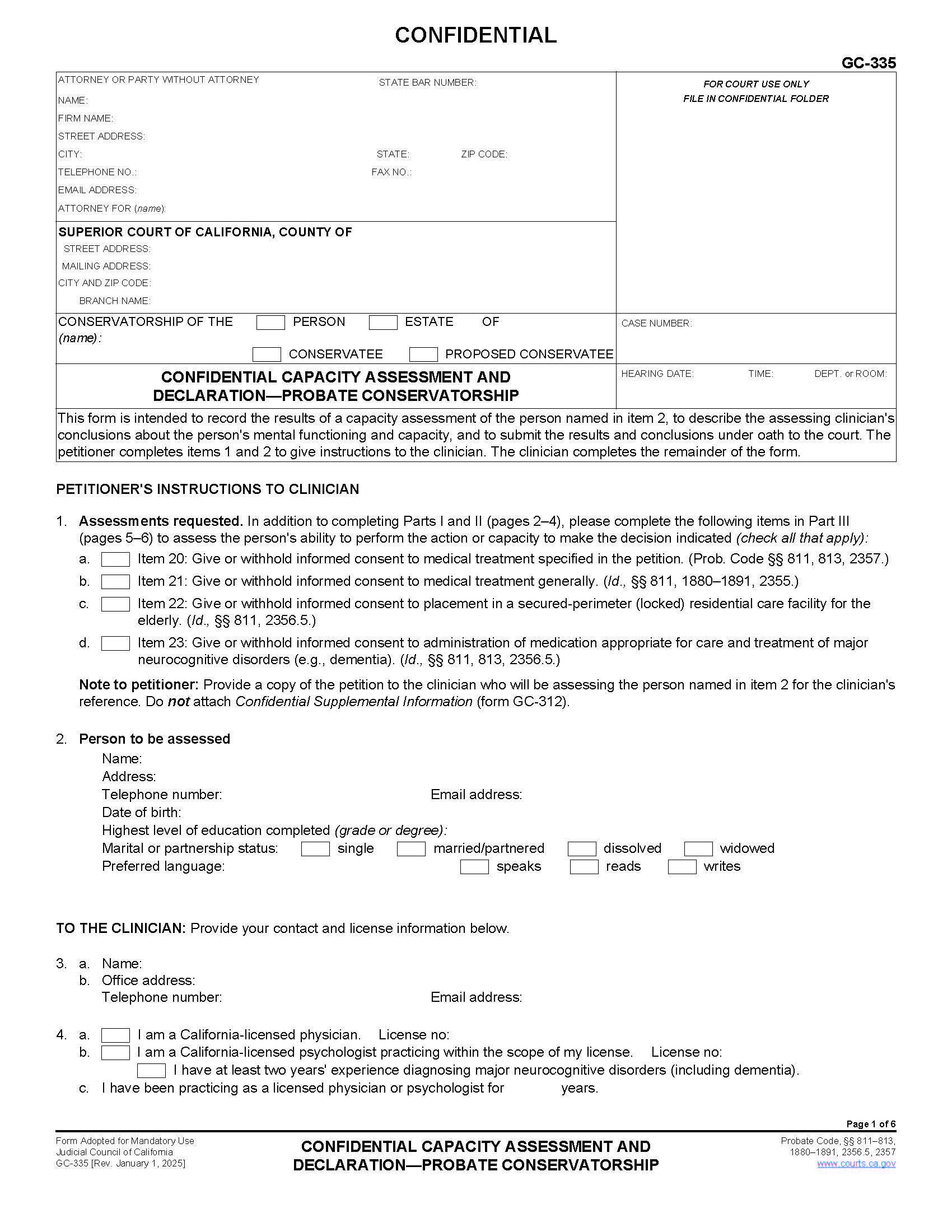 Confidential Capacity Assessment And Declaration-Probate Conservatorship {GC-335} | Pdf Fpdf Docx | California