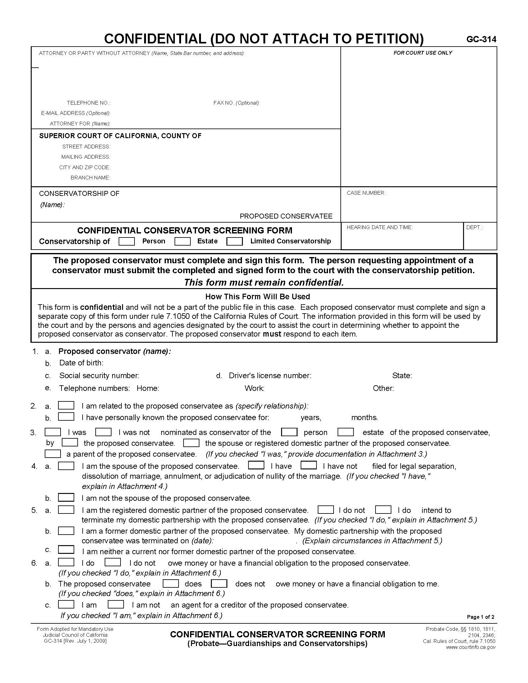 Confidential Conservator Screening Form {GC-314} | Pdf Fpdf Doc Docx | California