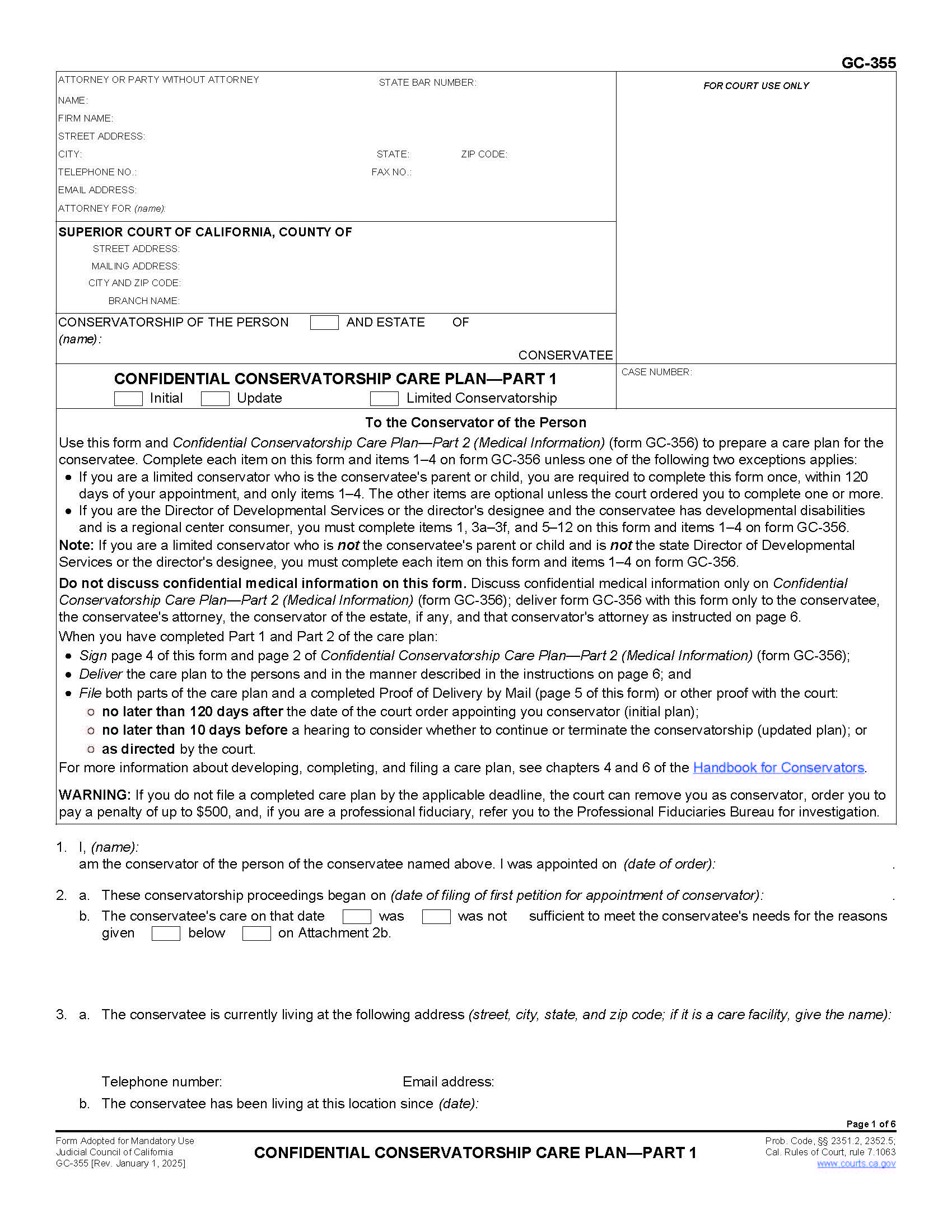 Confidential Conservatorship Care Plan-Part 1 {GC-355} | Pdf Fpdf Doc Docx | California