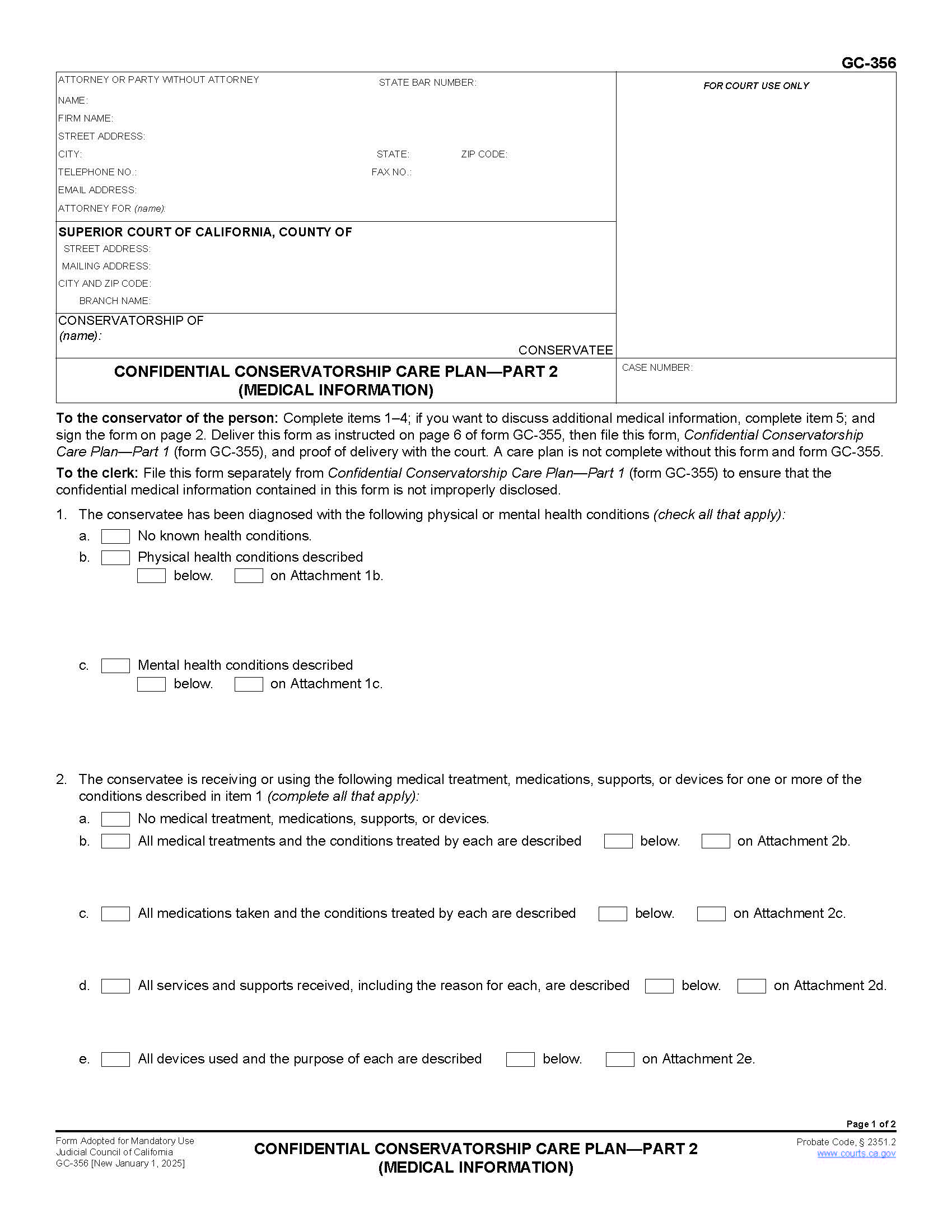 Confidential Conservatorship Care Plan-Part 2 (Medical Information) {GC-356} | Pdf Fpdf Docx | California