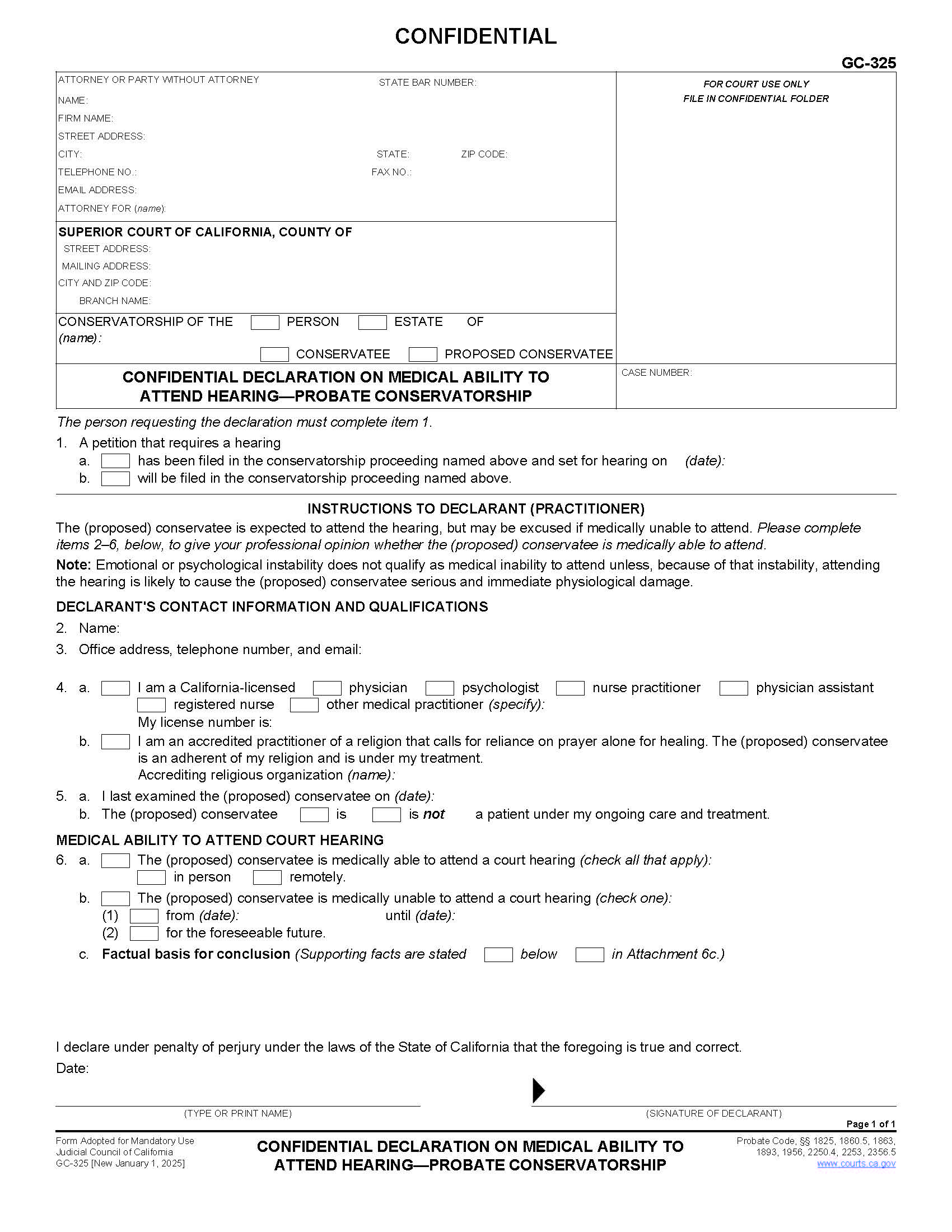 Confidential Declaration On Medical Ability To Attend Hearing-Probate Conservatorship {GC-325} | Pdf Fpdf Docx | California