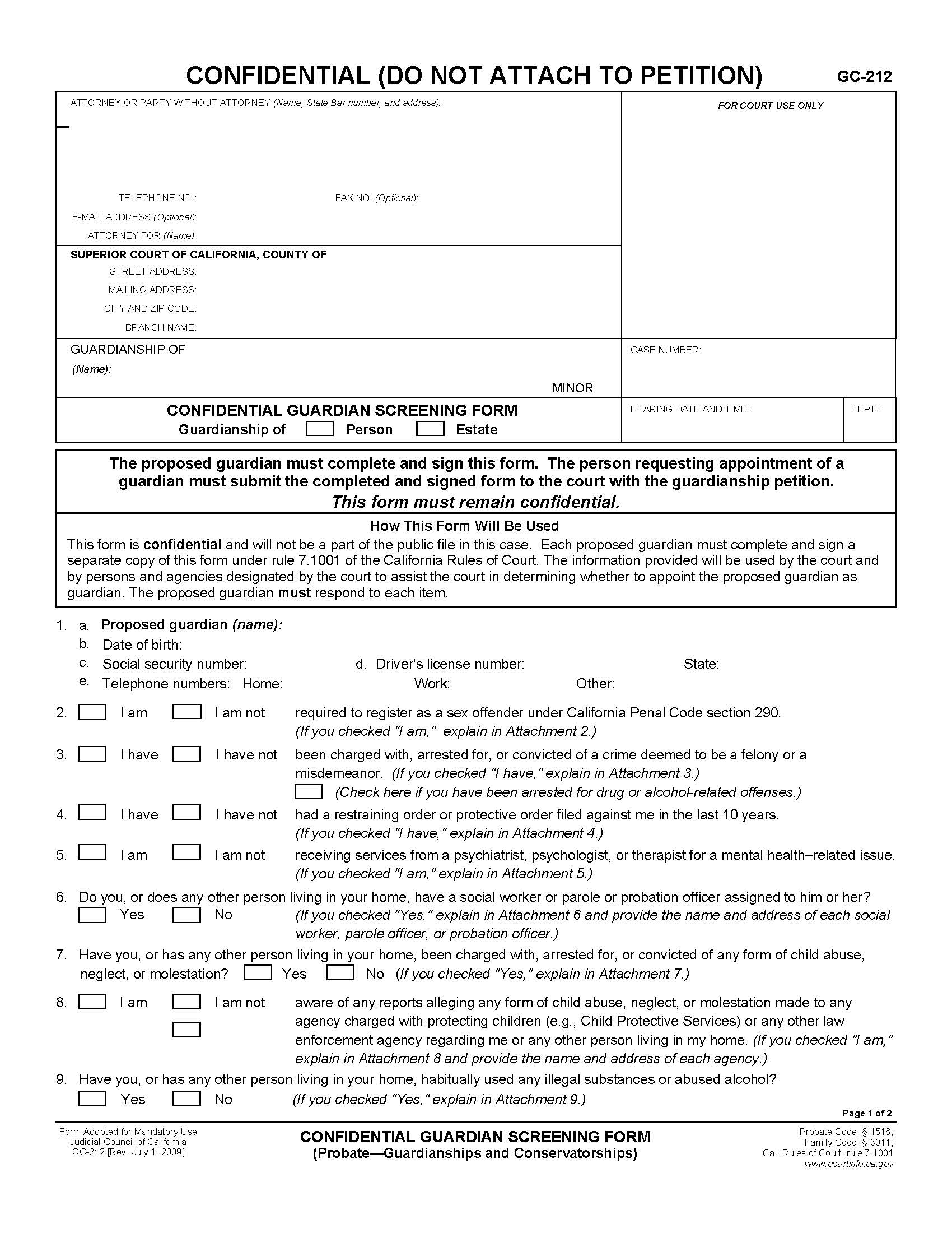 Confidential Guardian Screening Form {GC-212} | Pdf Fpdf Doc Docx | California