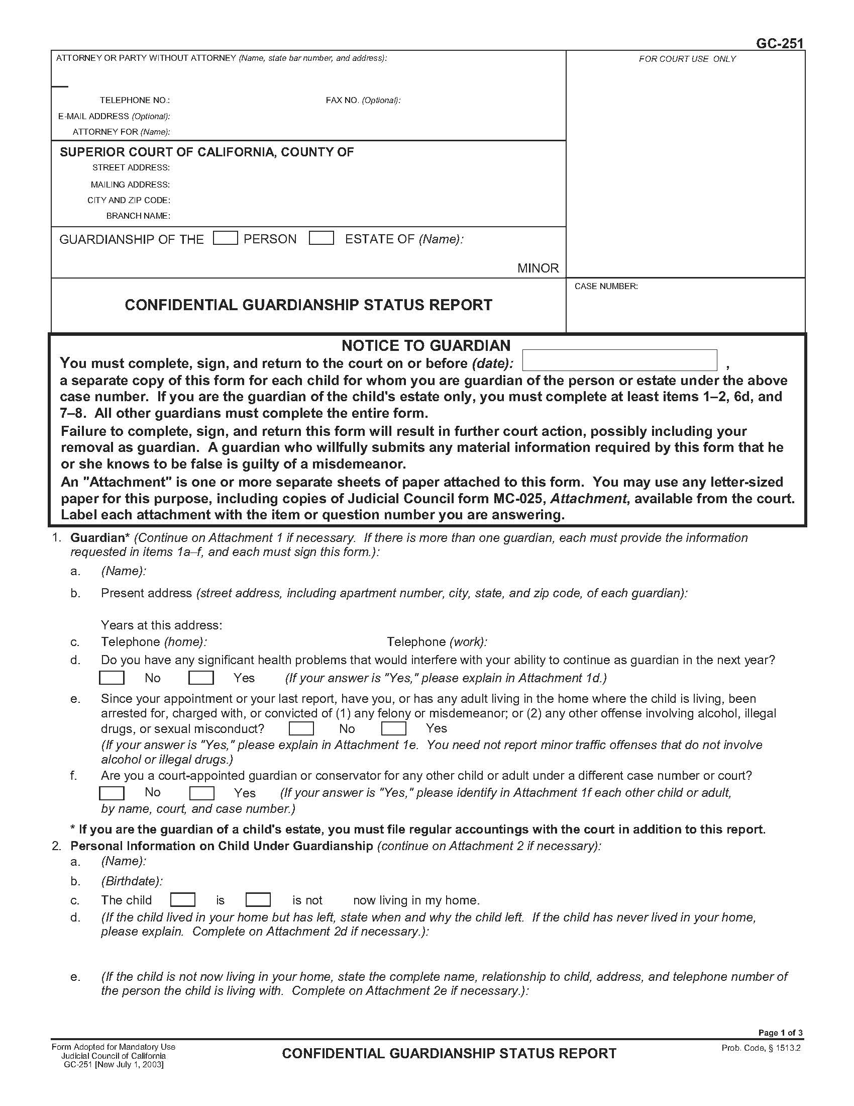 Confidential Guardianship Status Report {GC-251} | Pdf Fpdf Doc Docx | California