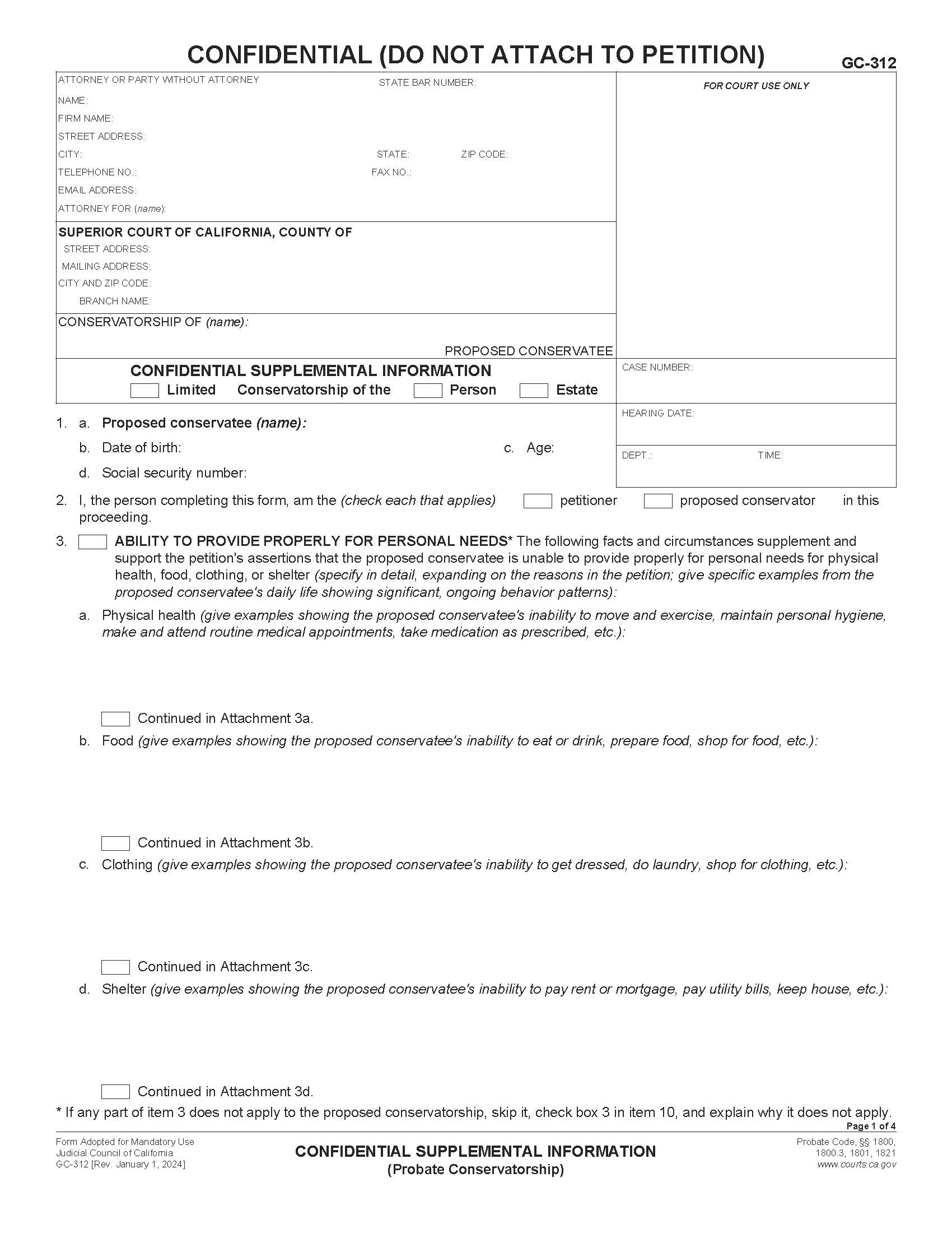 Confidential Supplemental Information (Probate Conservatorship) {GC-312} | Pdf Fpdf Doc Docx | California