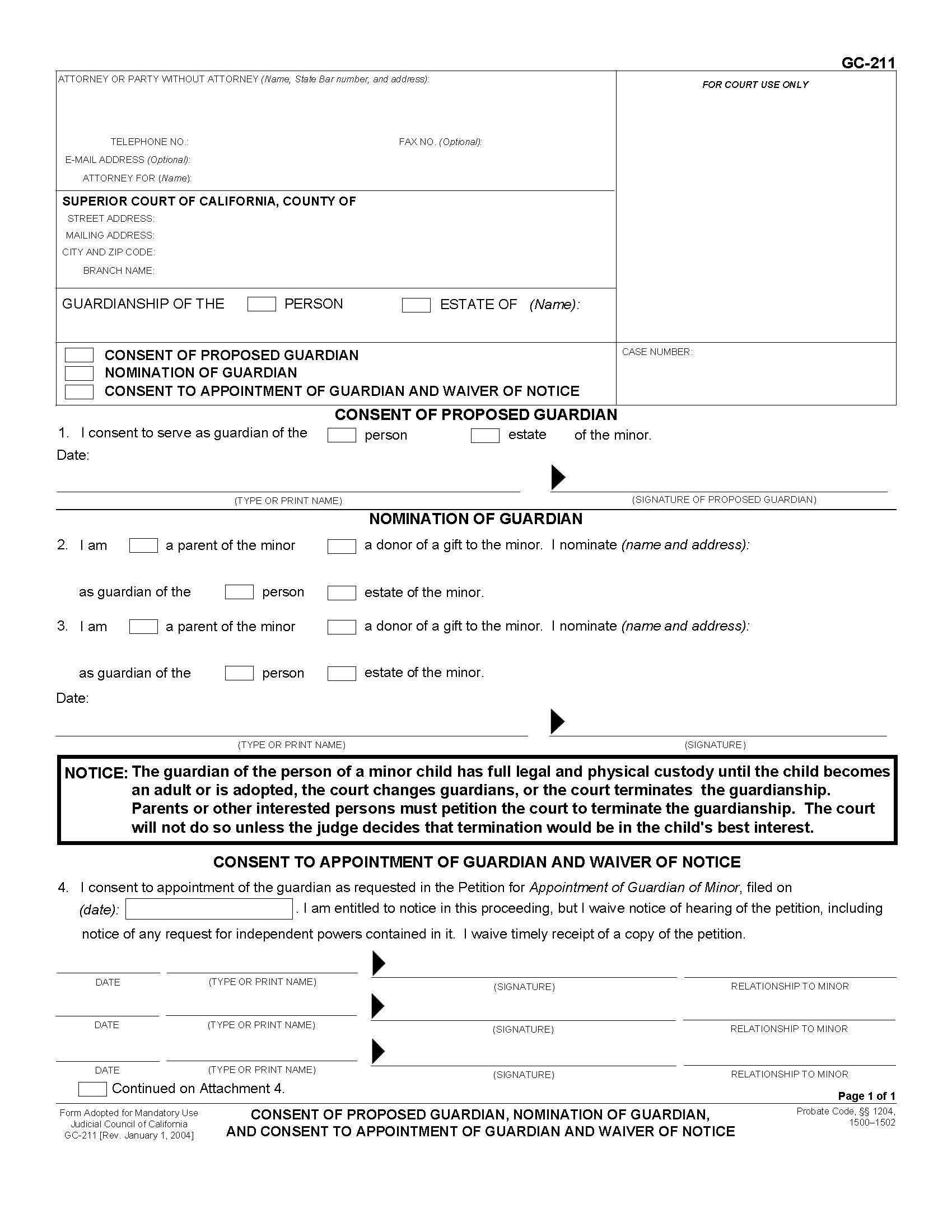 Consent Of Proposed Guardian Nomination Of Guardian And Consent To Appointment {GC-211} | Pdf Fpdf Doc Docx | California
