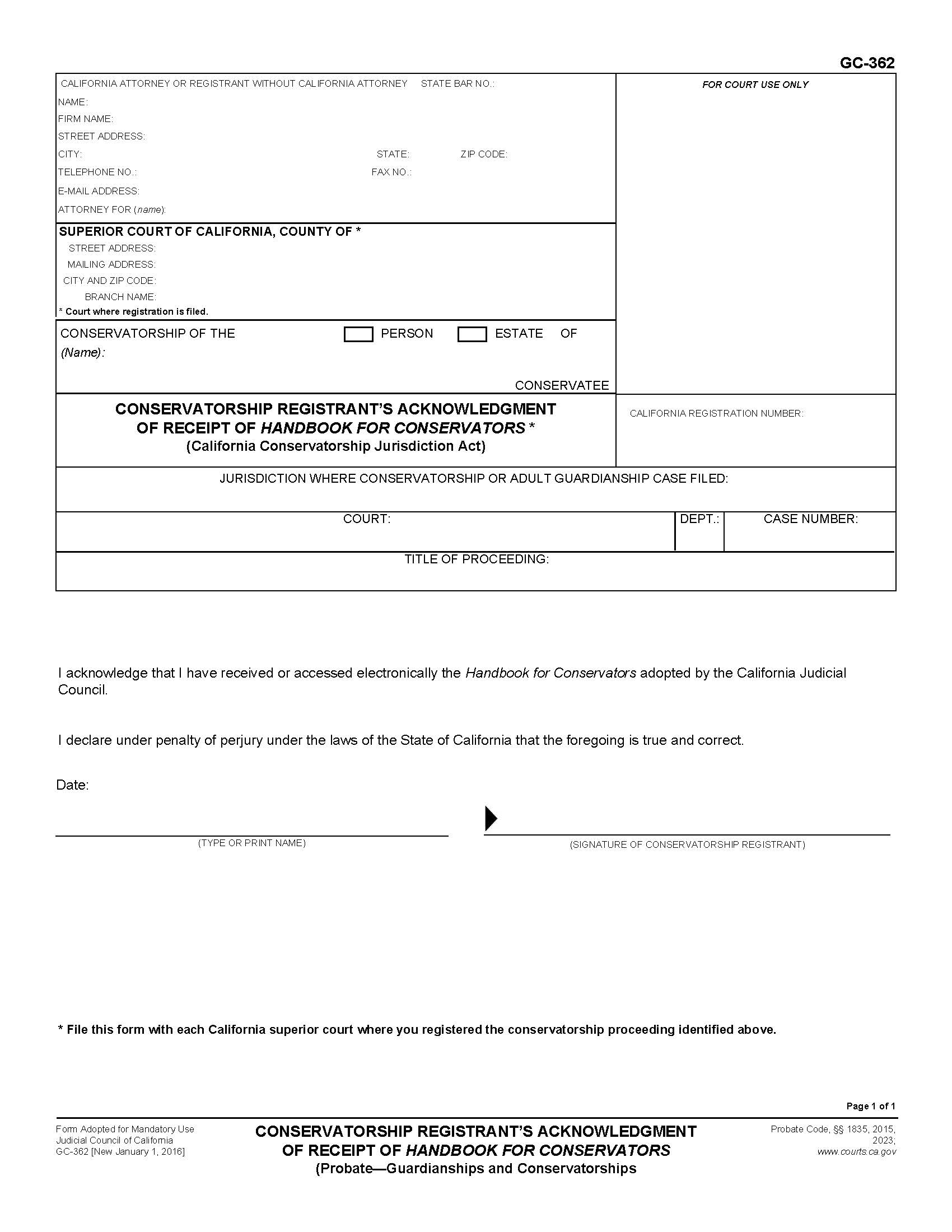 Conservatorship Registrants Acknowledgment Of Receipt Of Handbook For Conservators {GC-362} | Pdf Fpdf Doc Docx | California
