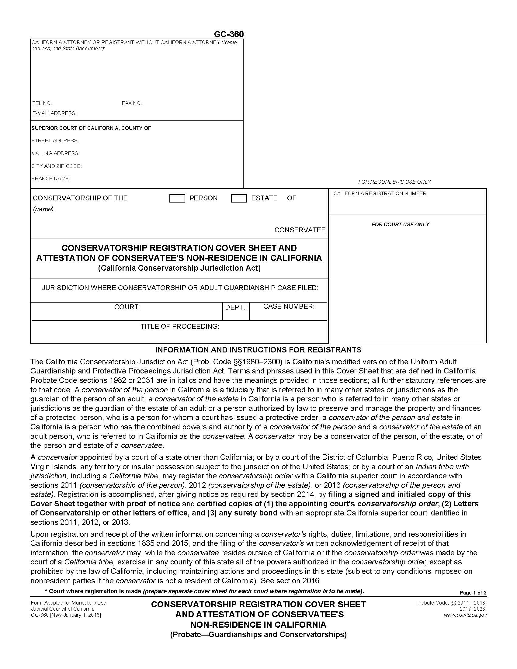 Conservatorship Registration Cover Sheet And Attestation Of Conservatees Non-Residence {GC-360} | Pdf Fpdf Doc Docx | California