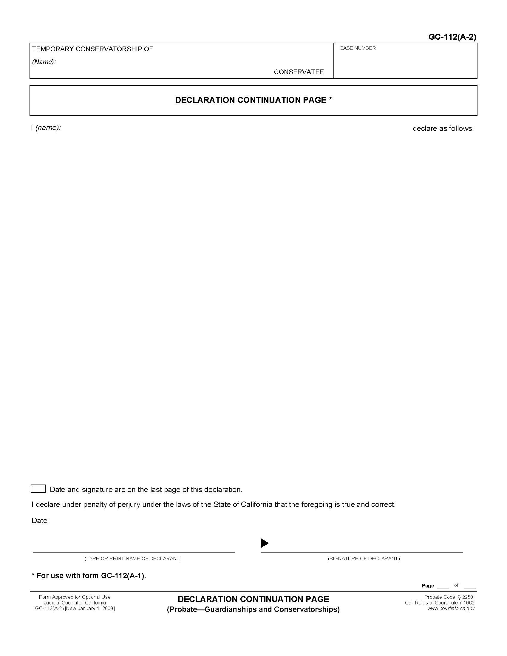 Declaration Continuation Page (Probate-Guardianships And Conservatorships) {GC-112(A-2)} | Pdf Fpdf Doc Docx | California