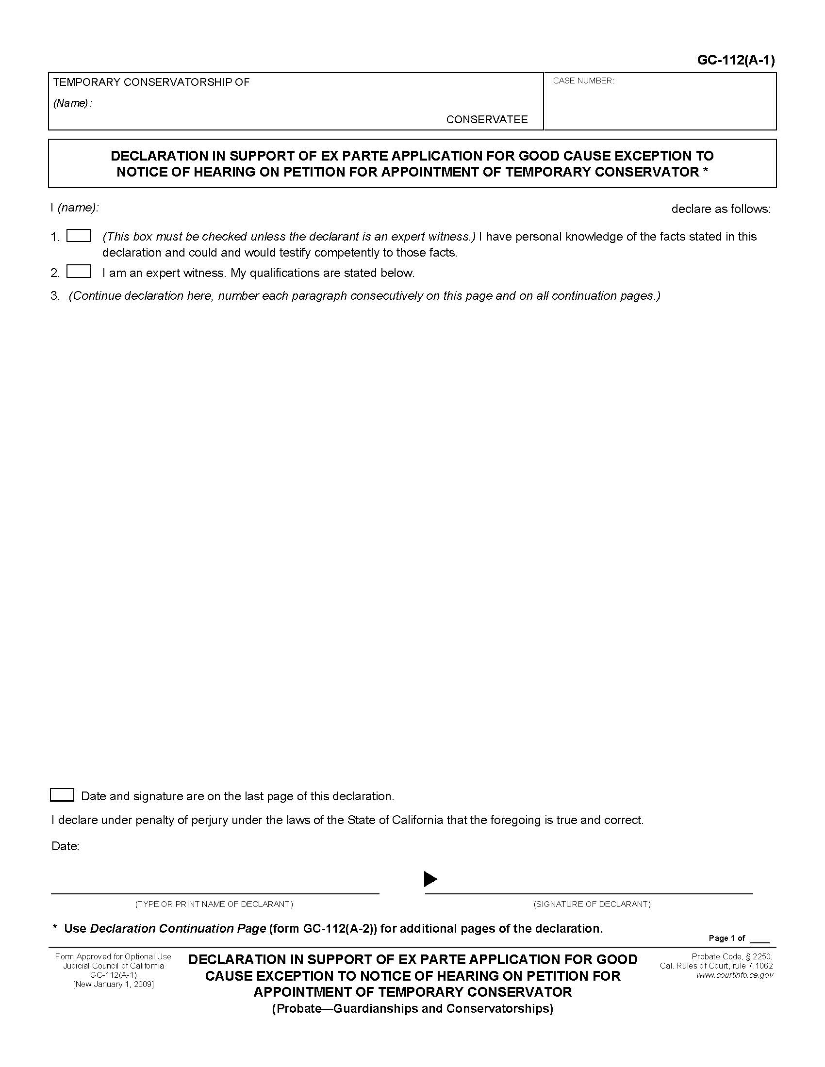 Declaration In Support Of Ex Parte Application For Good Cause Exception {GC-112(A-1)} | Pdf Fpdf Doc Docx | California