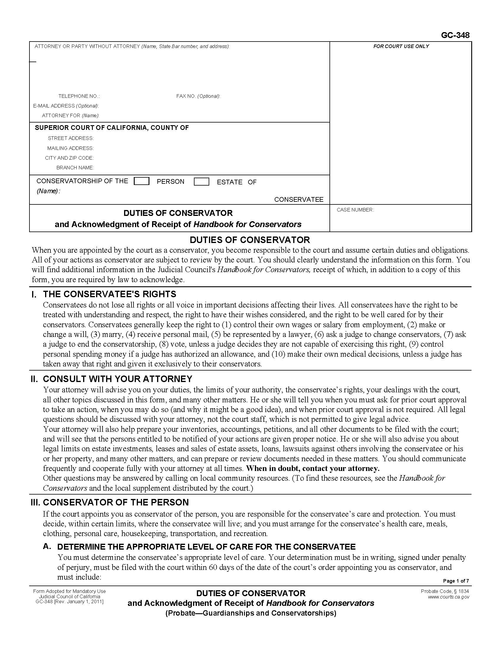 Duties Of Conservator And Acknowledgment Of Receipt Of Handbook For Conservators {GC-348} | Pdf Fpdf Doc Docx | California