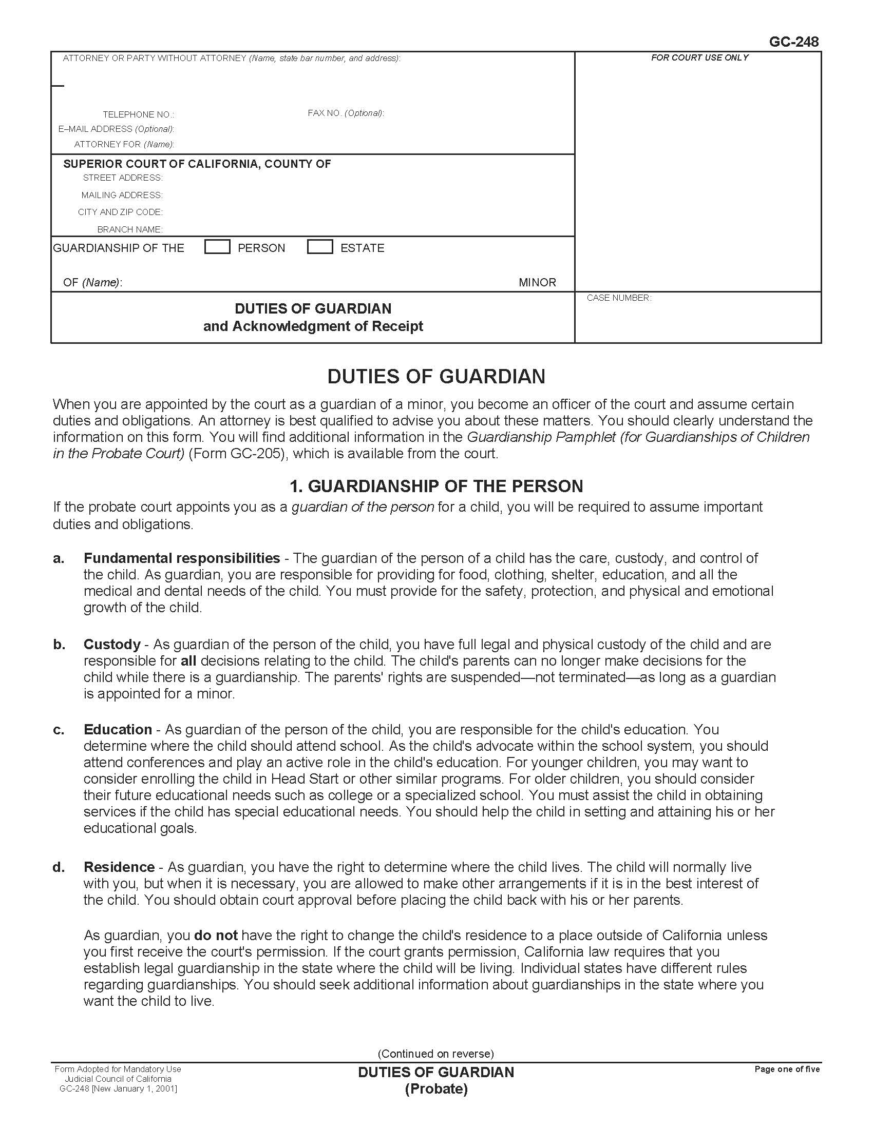 Duties Of Guardian (Probate) {GC-248} | Pdf Fpdf Doc Docx | California