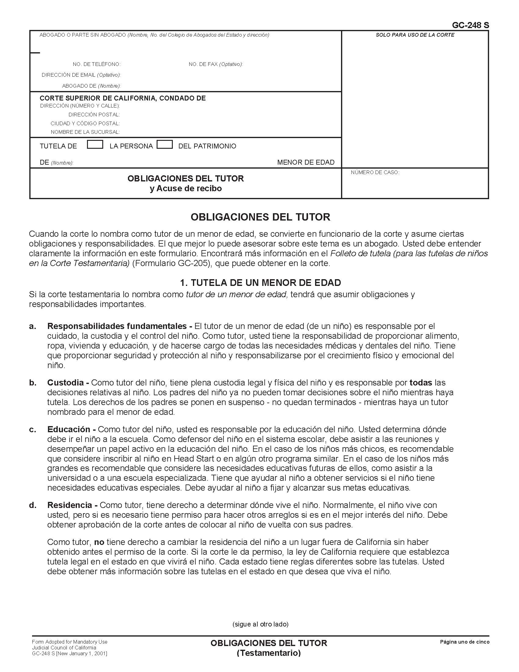 Duties Of Guardian (Probate) Espanol (Spanish) {GC-248 S} | Pdf Fpdf Docx | California