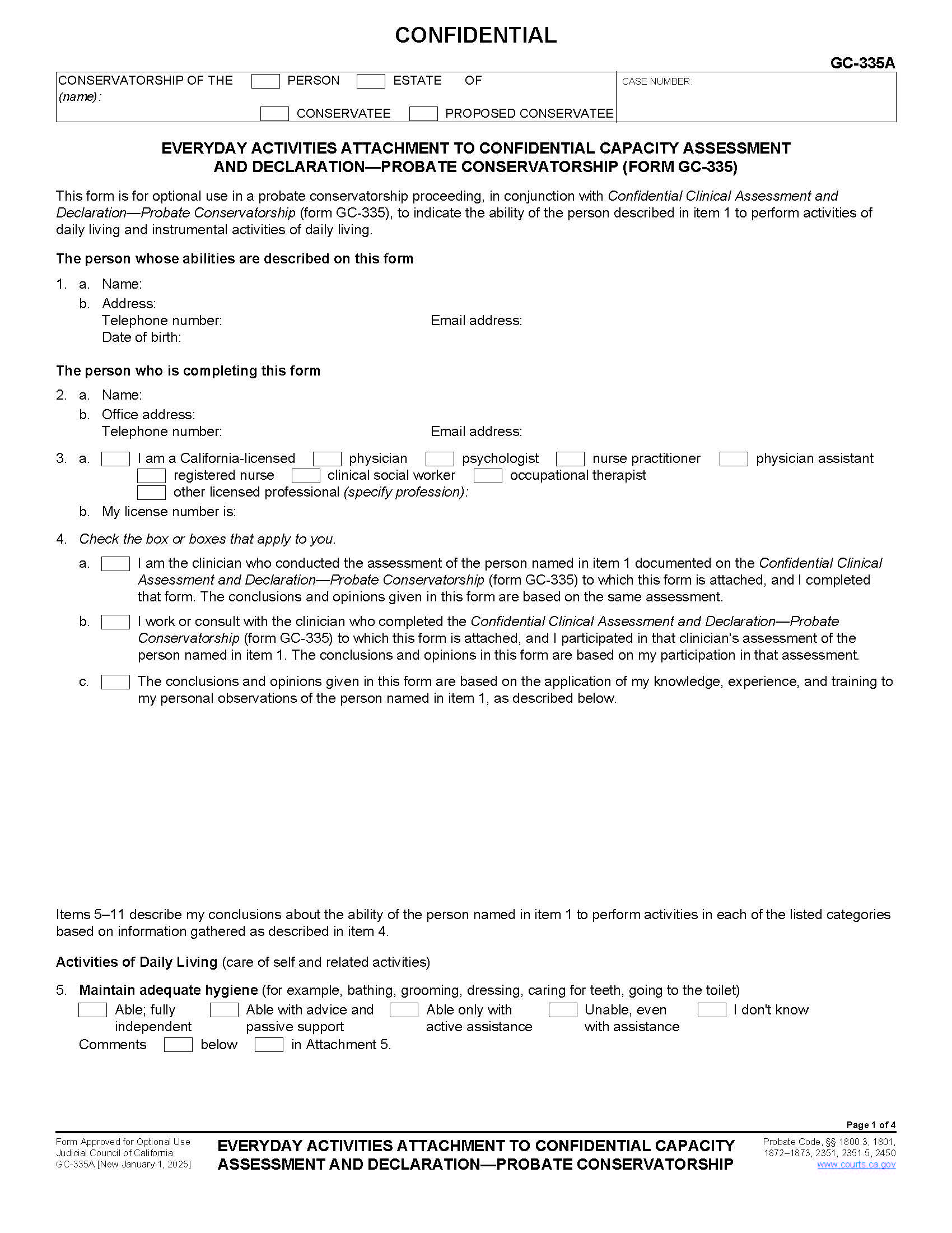 Everyday Activities Attachment To Confidential Capacity Assessment And Declaration-Probate Conservatorship {GC-335A} | Pdf Fpdf Docx | California