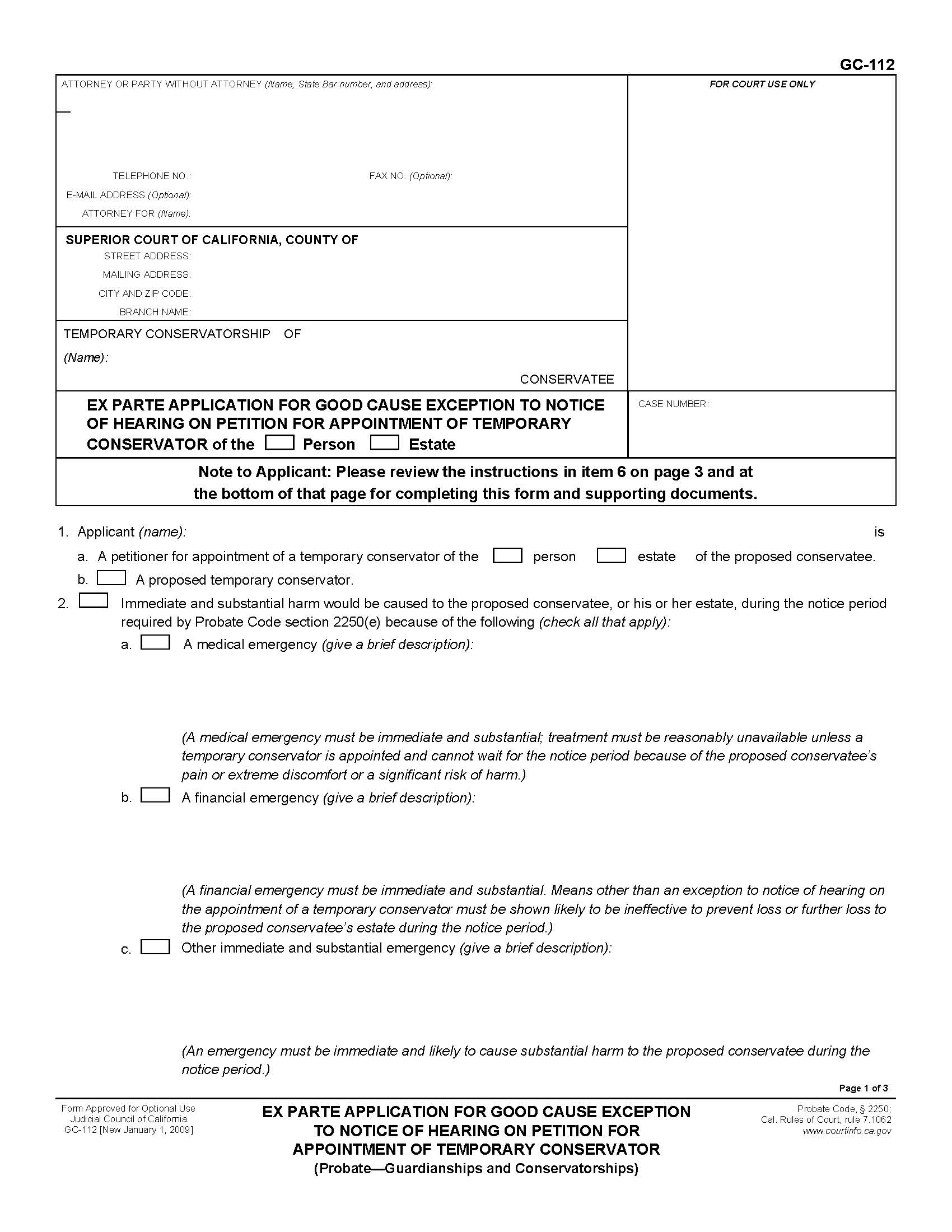 Ex Parte Application For Good Cause Exception To Notice Of Hearing {GC-112} | Pdf Fpdf Doc Docx | California