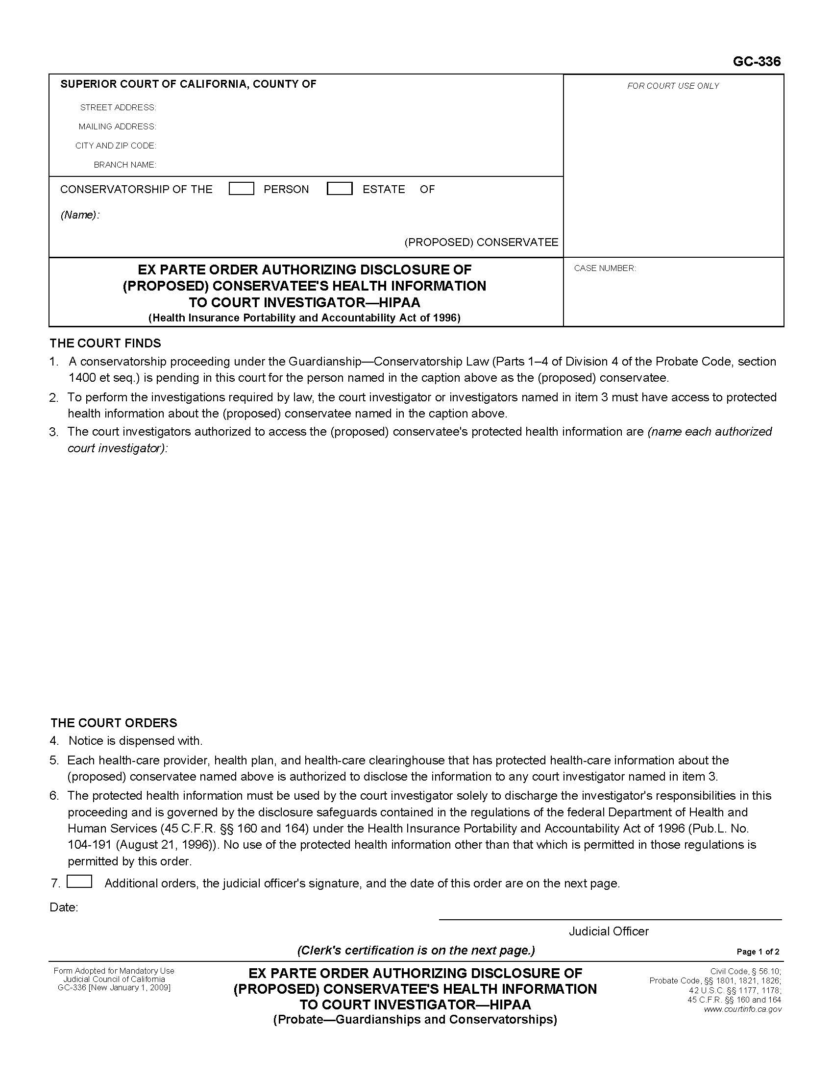 Ex Parte Order Authorizing Disclosure Of (Proposed) Conservatees Health Information {GC-336} | Pdf Fpdf Doc Docx | California
