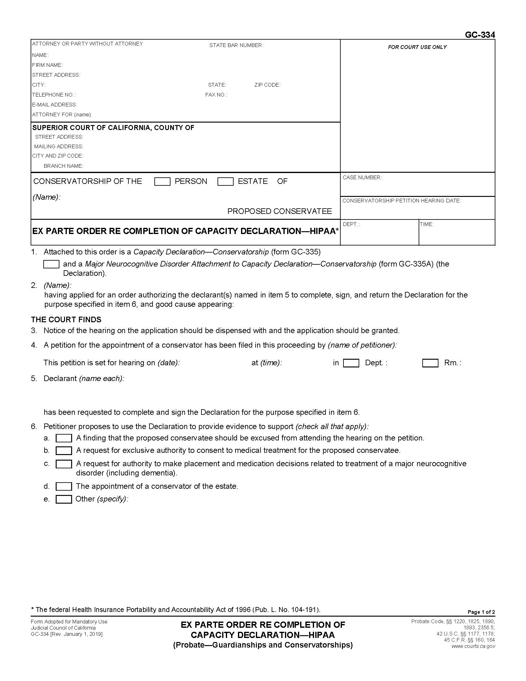 Ex Parte Order Re Completion Of Capacity Declartion-HIPPA {GC-334} | Pdf Fpdf Docx | California