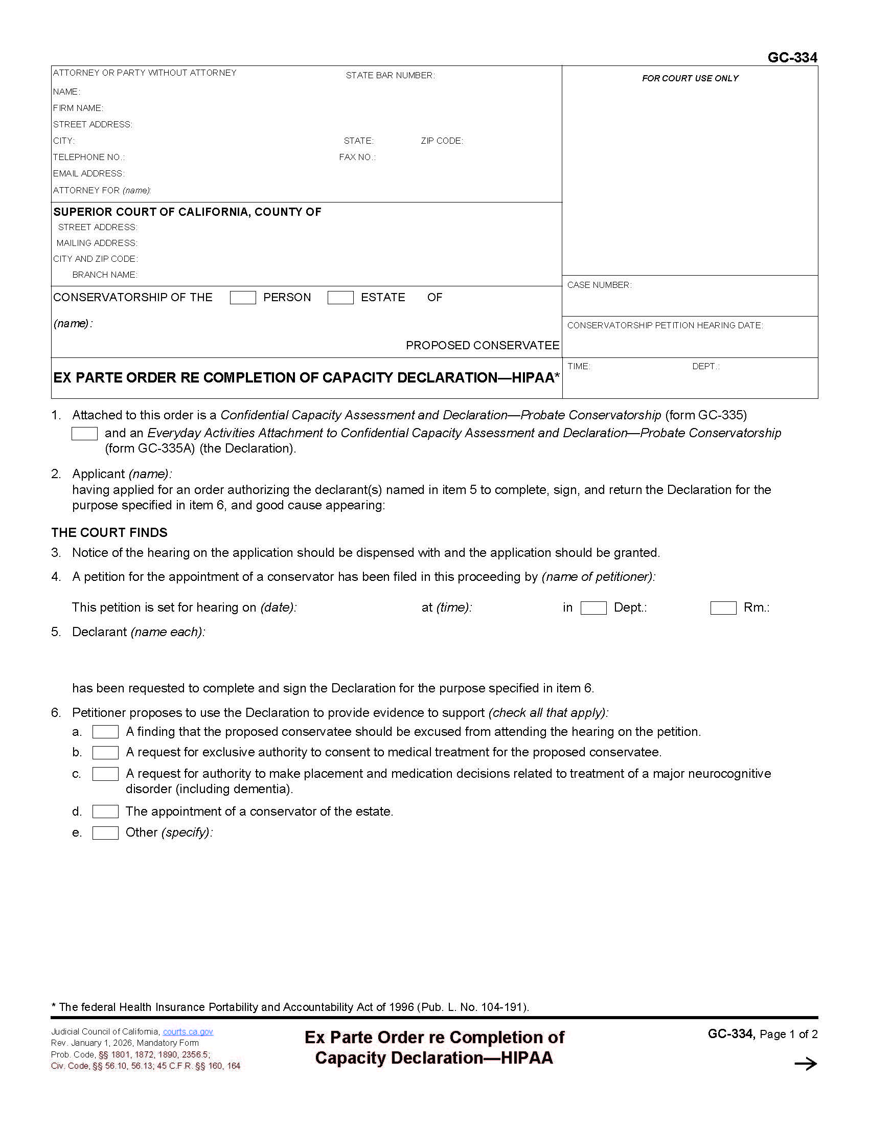 Ex Parte Order Re Completion Of Capacity Declartion-HIPPA {GC-334} | Pdf Fpdf Docx | California