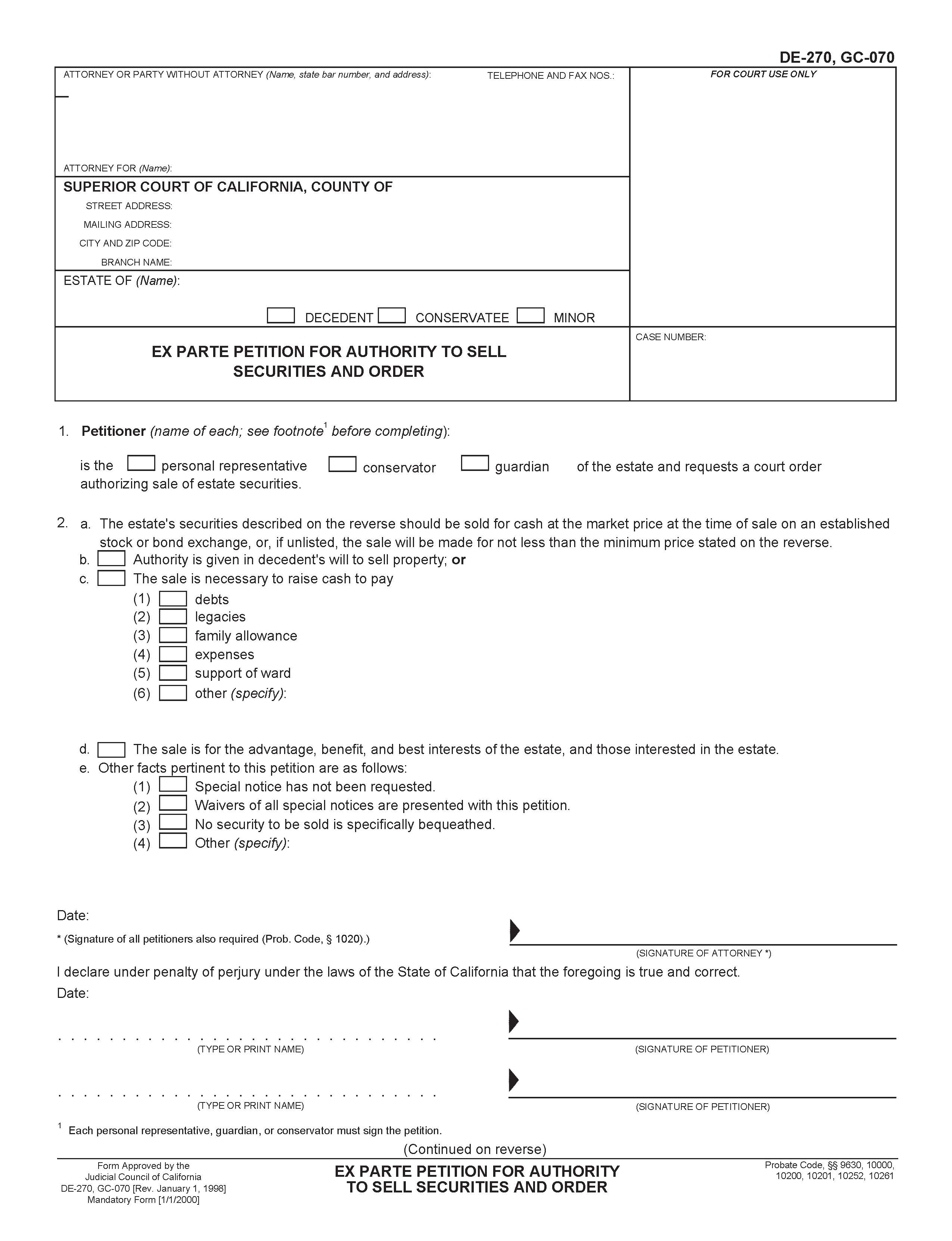 Ex Parte Petition For Authority To Sell Securities And Order {GC-070} | Pdf Fpdf Doc Docx | California