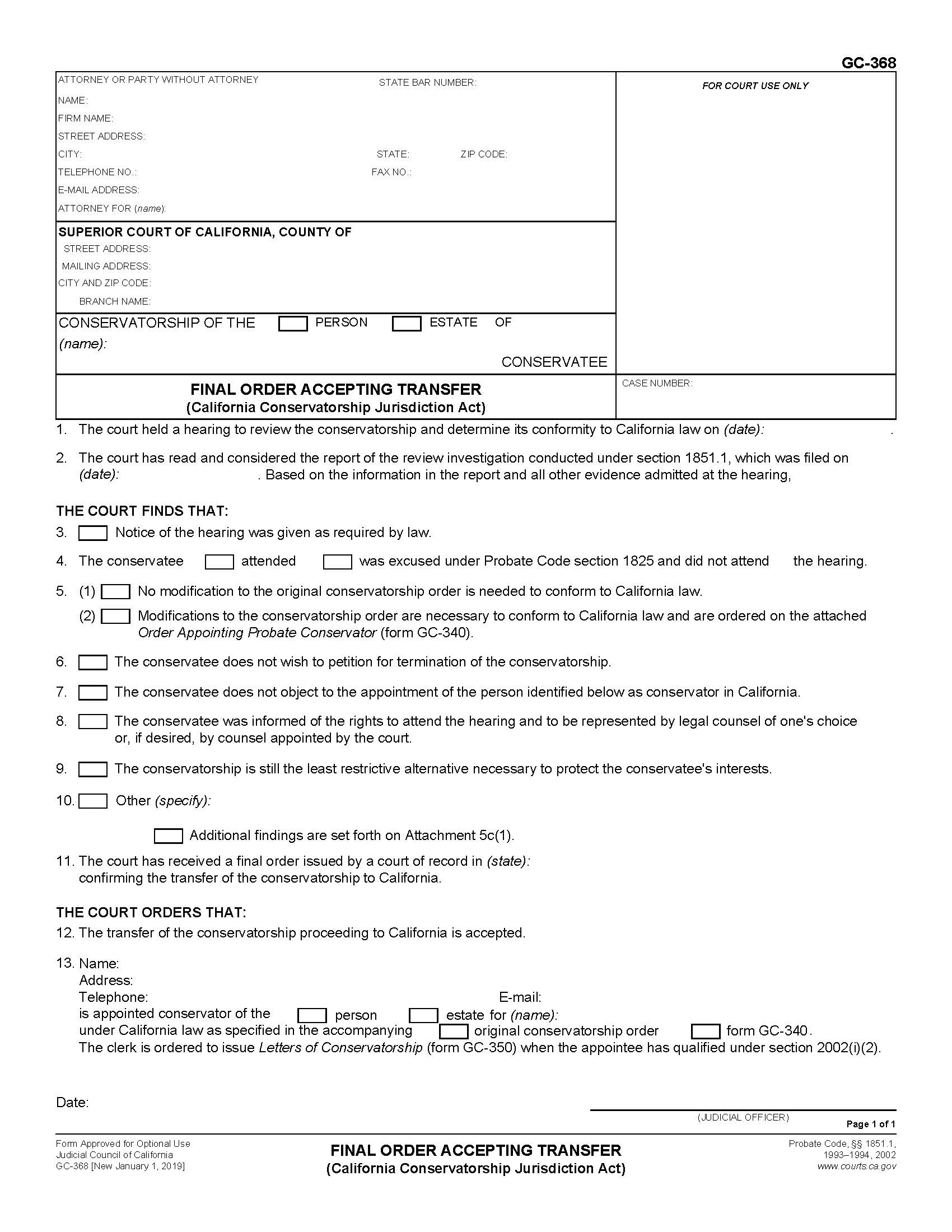 Final Order Accepting Transfer (California Conservatorship Jurisdiction Act) {GC-368} | Pdf Fpdf Docx | California
