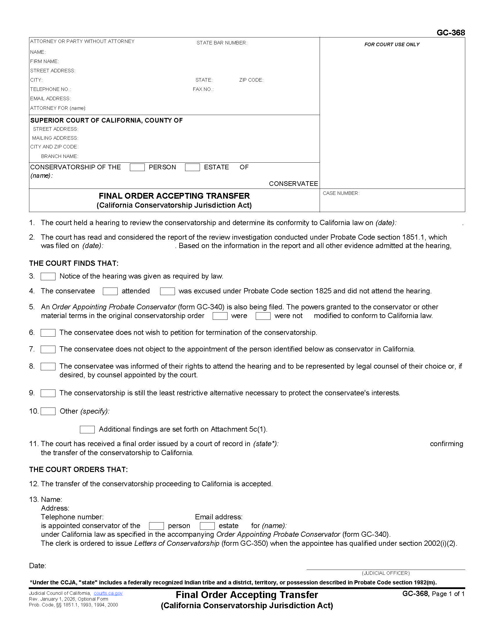 Final Order Accepting Transfer (California Conservatorship Jurisdiction Act) {GC-368} | Pdf Fpdf Docx | California