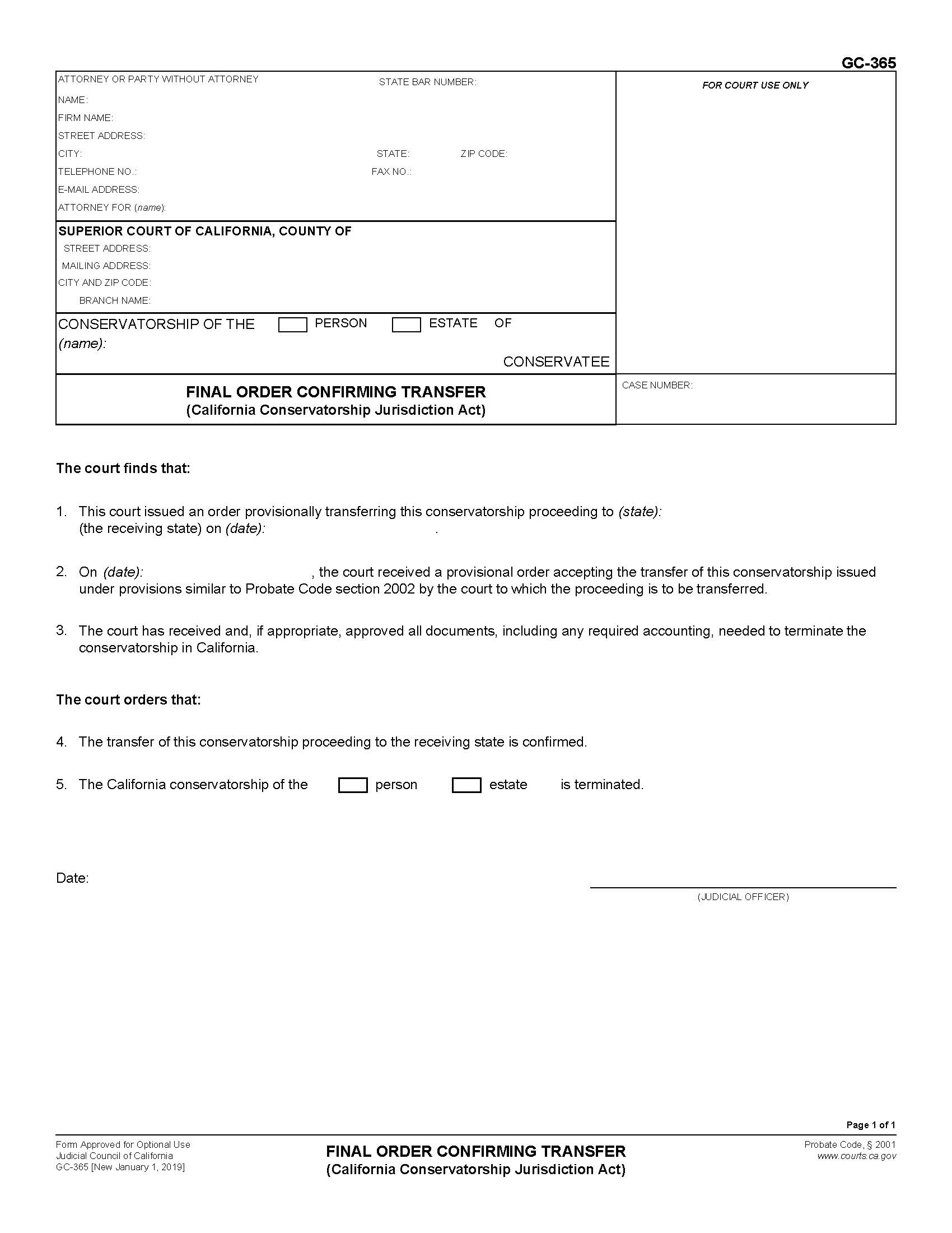 Final Order Confirming Transfer (California Conservatorship Jurisdiction Act) {GC-365} | Pdf Fpdf Docx | California