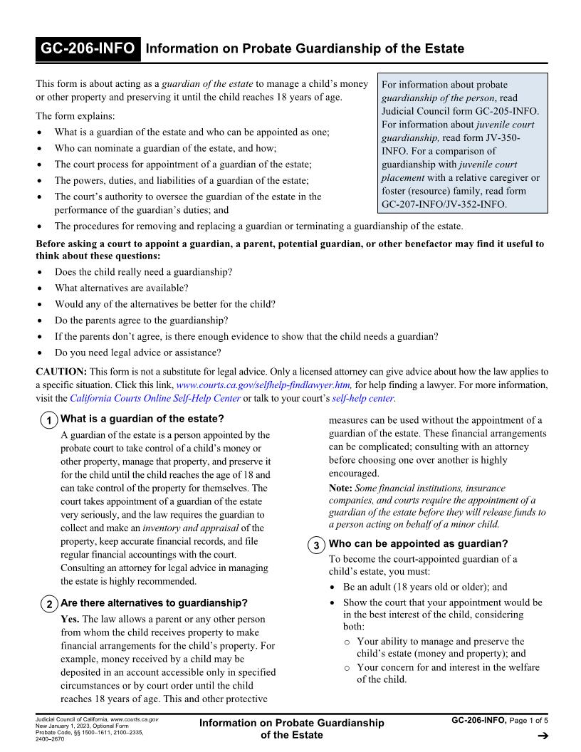 Information On Probate Guardianship Of The Estate {GC-206-INFO} | Pdf Fpdf Docx | California
