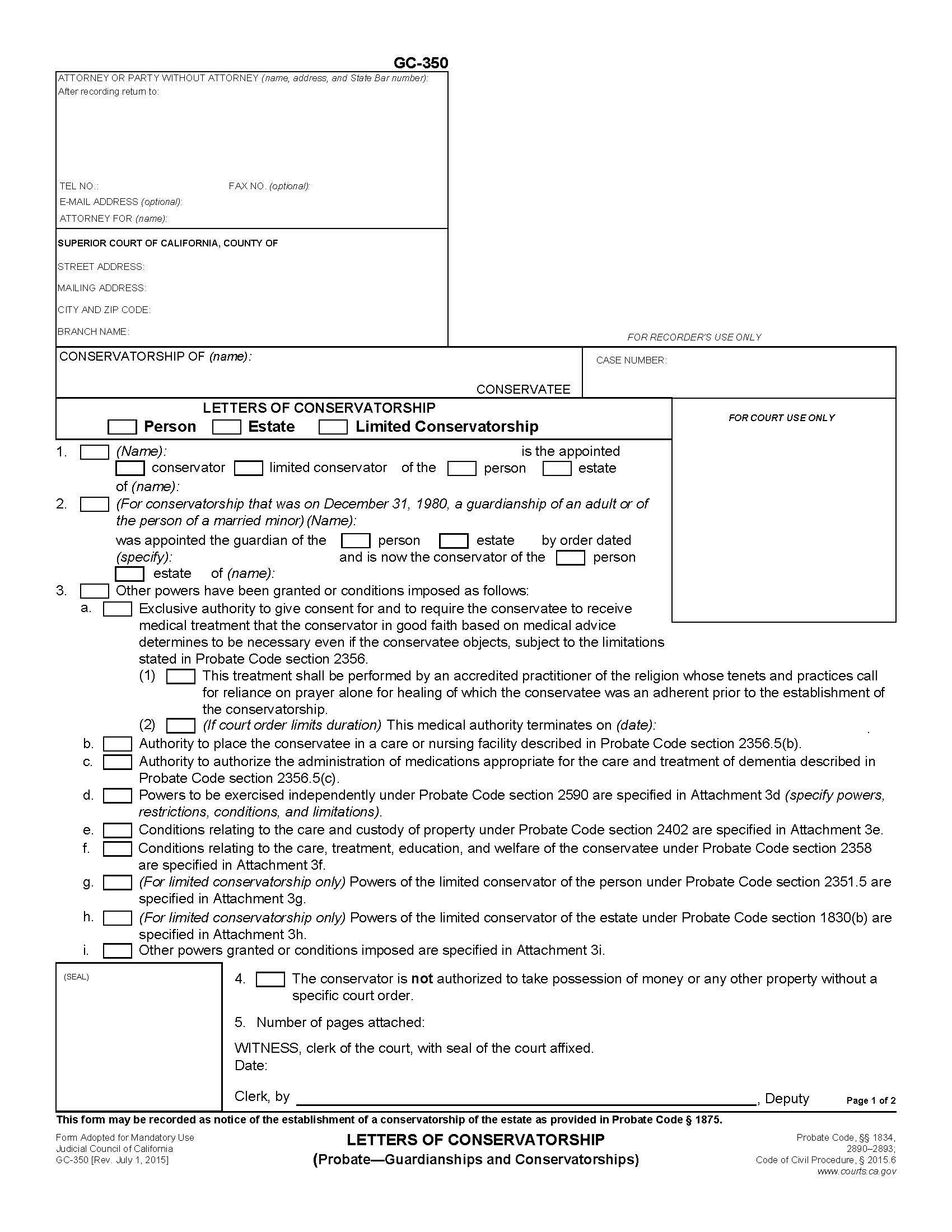 Letters Of Conservatorship {GC-350} | Pdf Fpdf Doc Docx | California