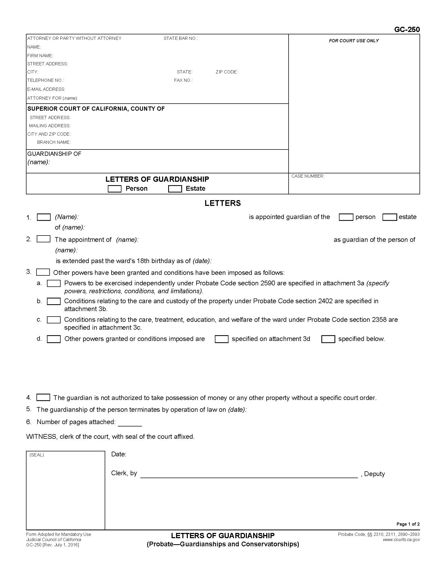 Letters Of Guardianship {GC-250} | Pdf Fpdf Doc Docx | California