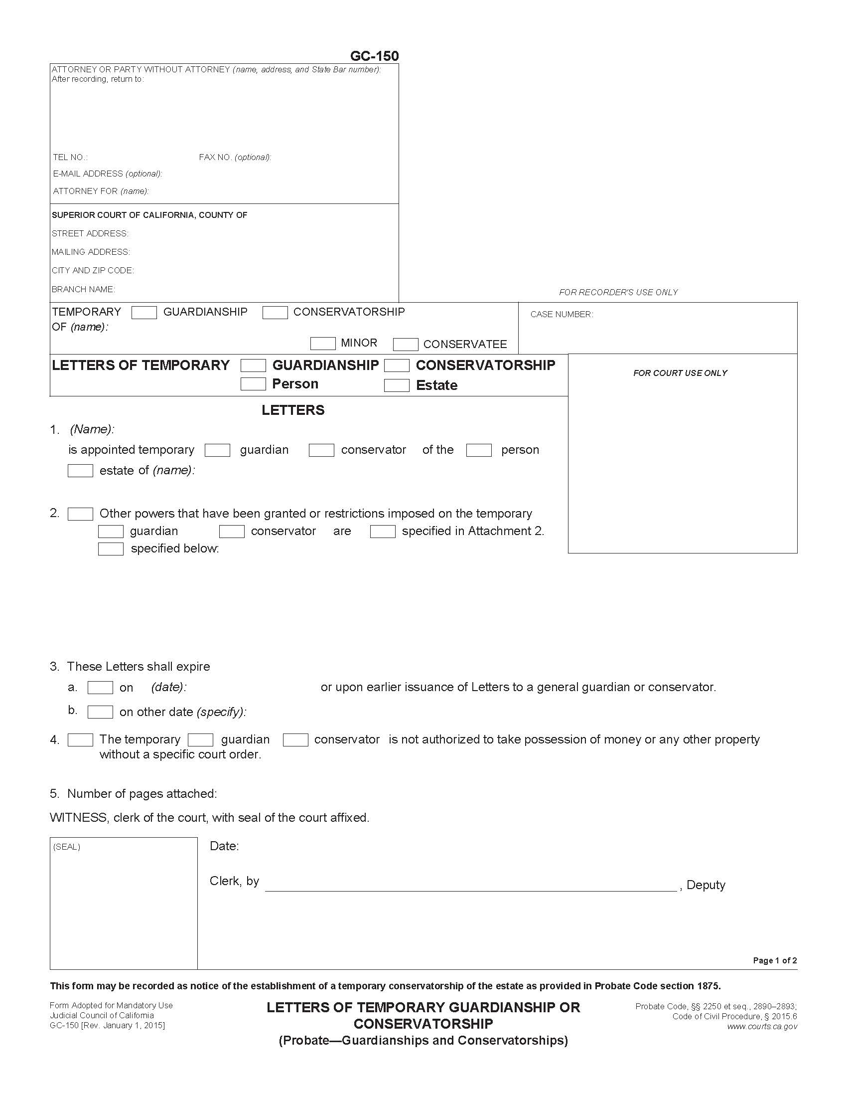 Letters Of Temporary Guardianship Or Conservatorship {GC-150} | Pdf Fpdf Doc Docx | California