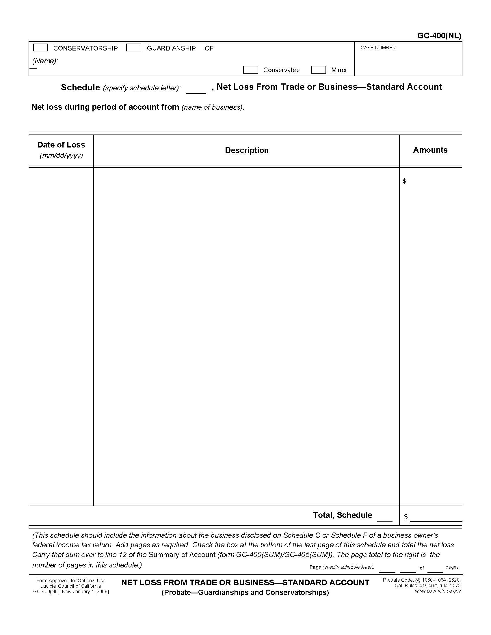 Net Loss From A Trade Or Business-Standard Account {GC-400(NL)} | Pdf Fpdf Doc Docx | California