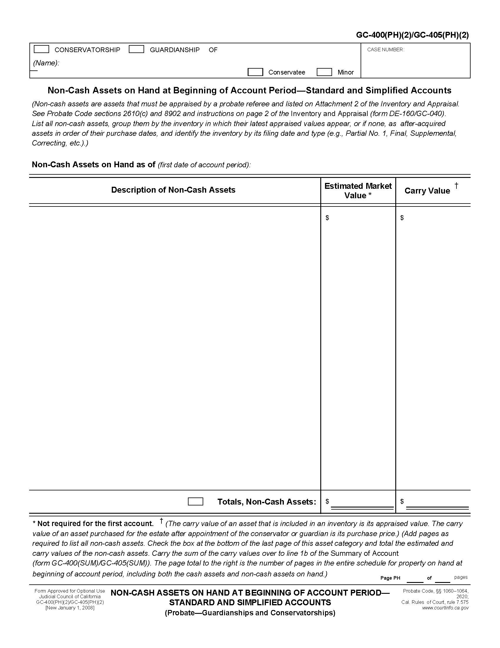 Non-Cash Assets On Hand At Beginning Of Account Period-Standard And Simplified Accounts {GC-400(PH)(2) GC-405(PH)(2)} | Pdf Fpdf Doc Docx | California