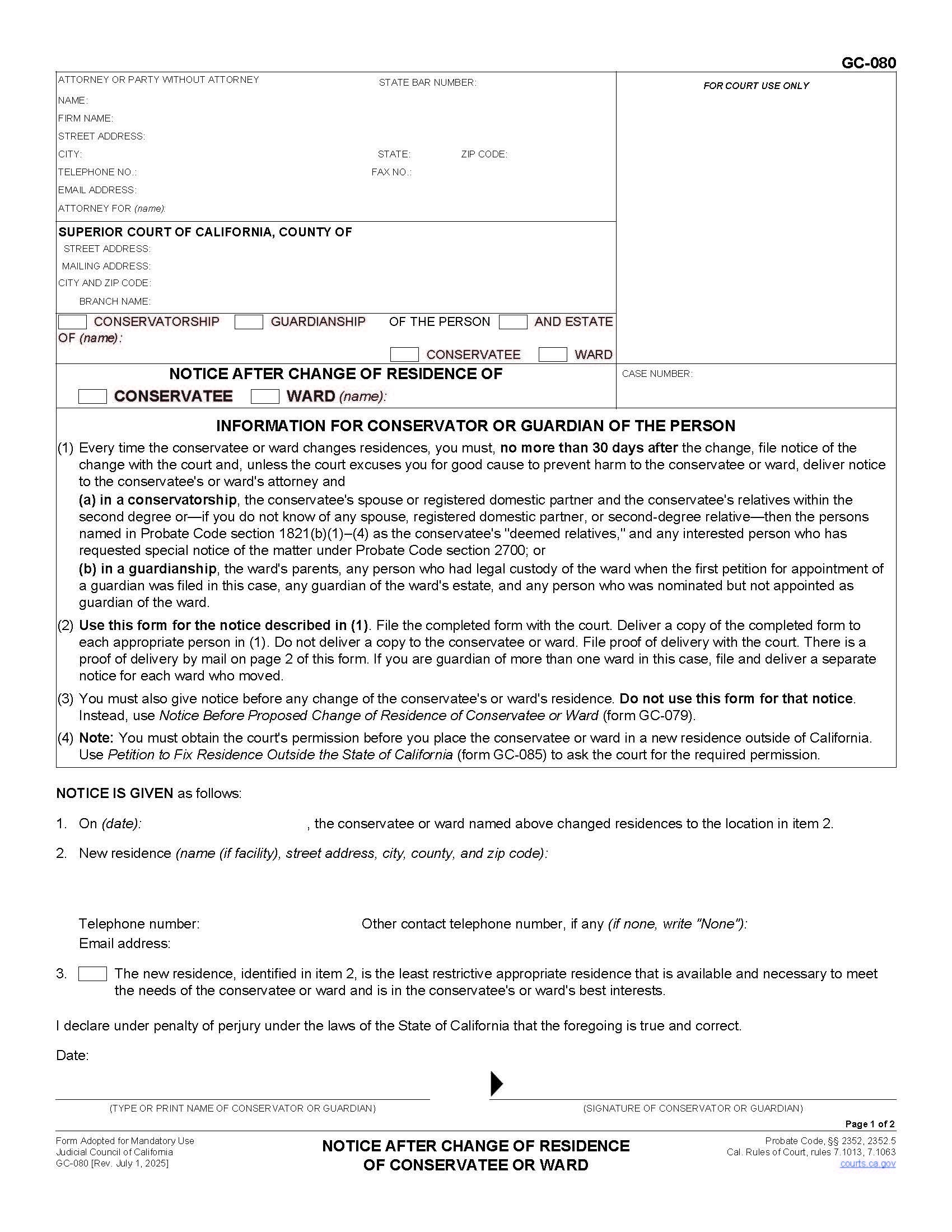 Notice After Change Of Residence Of Conservatee Or Ward {GC-080} | Pdf Fpdf Doc Docx | California