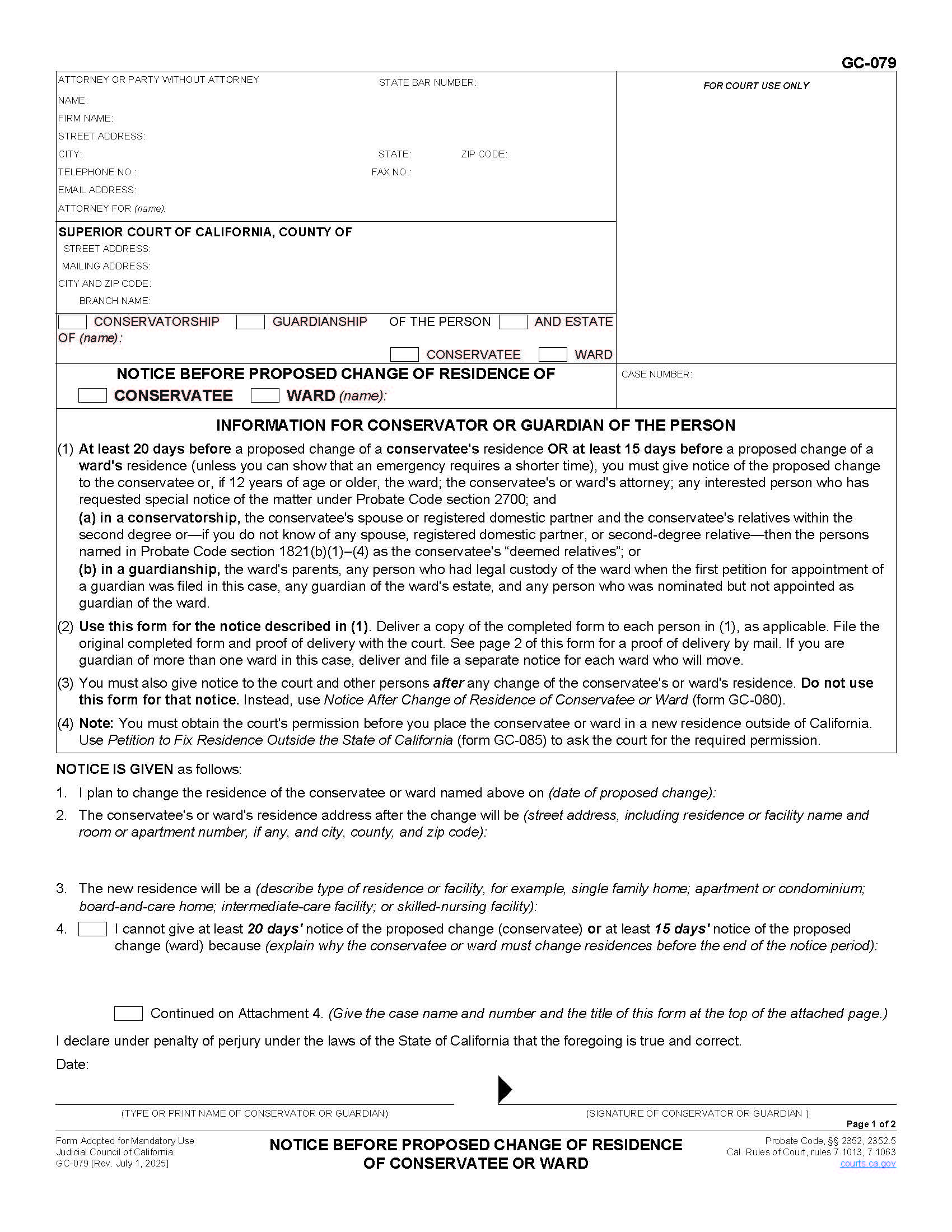 Notice Before Proposed Change Of Residence Of Conservatee Or Ward {GC-079} | Pdf Fpdf Doc Docx | California