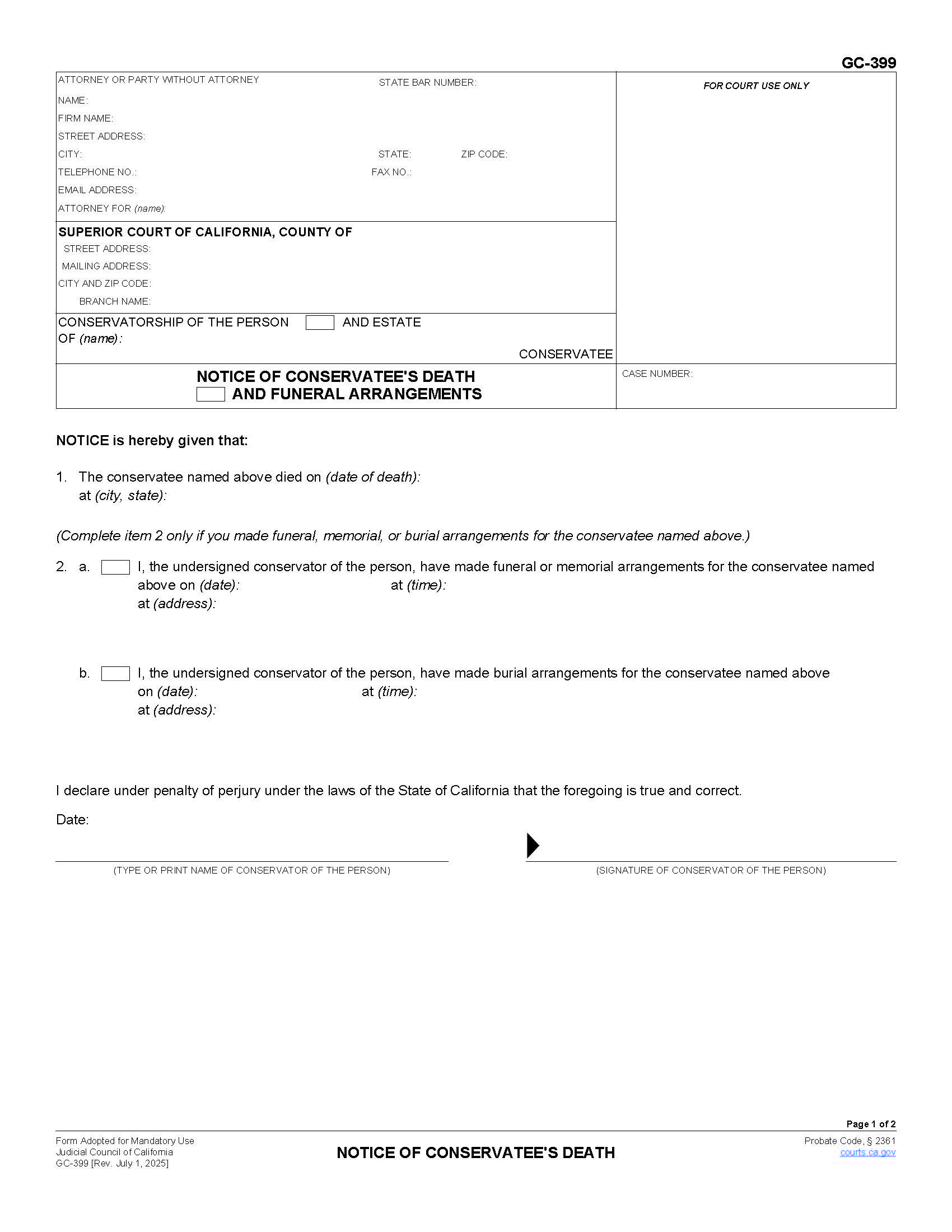Notice Of Conservatees Death {GC-399} | Pdf Fpdf Doc Docx | California