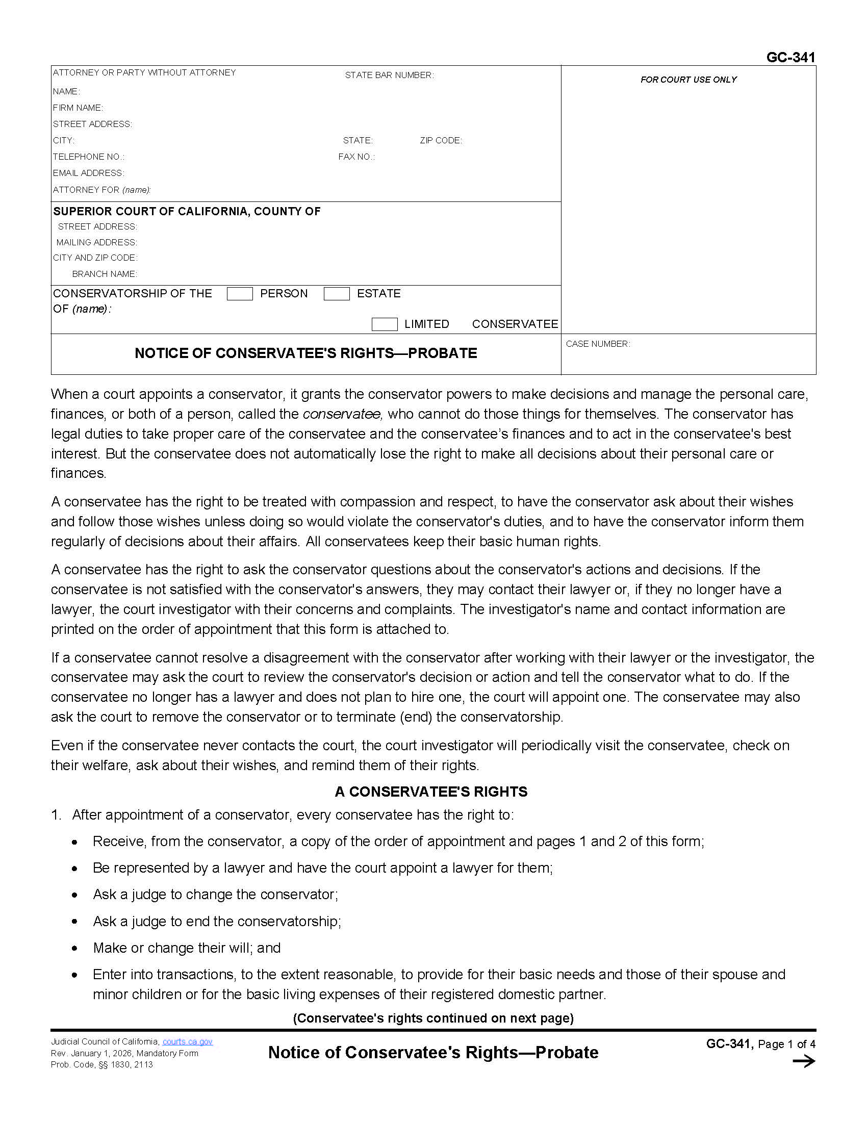 Notice Of Conservatees Rights {GC-341} | Pdf Fpdf Doc Docx | California