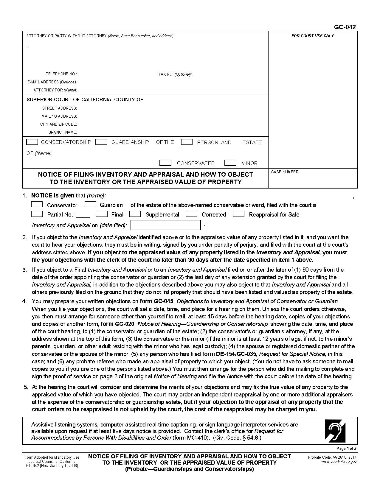 Notice Of Filing Of Inventory And Appraisal And How To Object {GC-042} | Pdf Fpdf Doc Docx | California