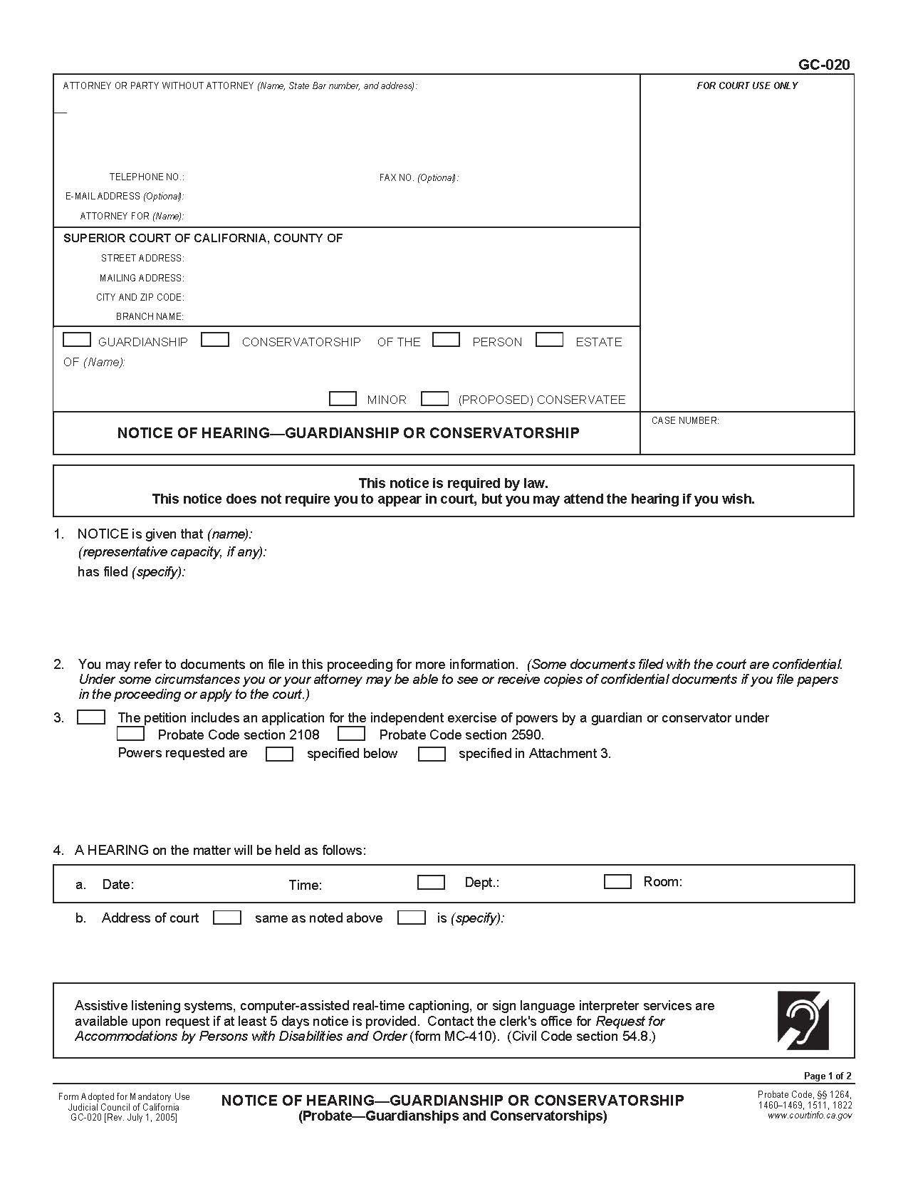 Notice Of Hearing-Guardianship Or Conservatorship (Probate-Guardianships Or Convservatorships) {GC-020} | Pdf Fpdf Doc Docx | California