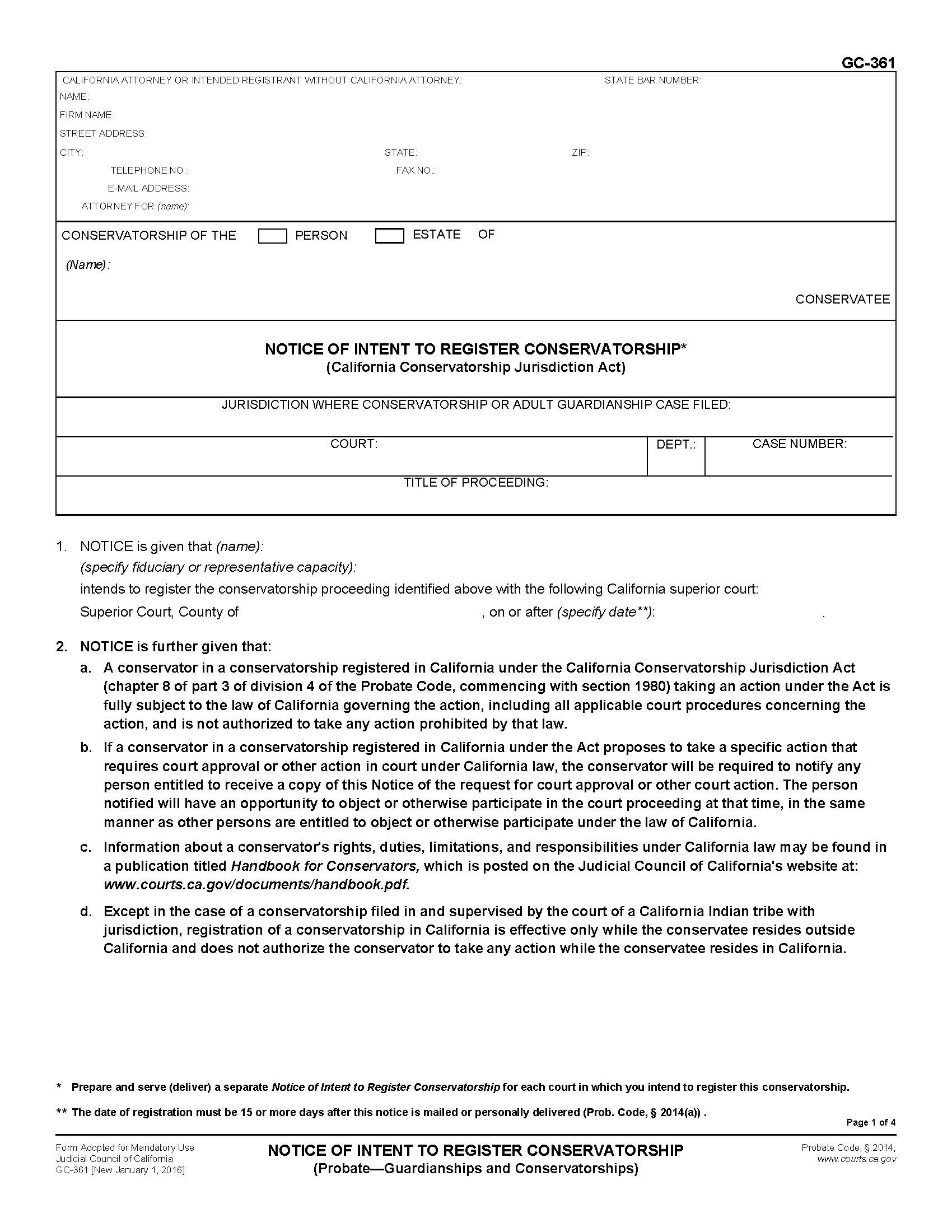 Notice Of Intent To Register Conservatorship {GC-361} | Pdf Fpdf Doc Docx | California