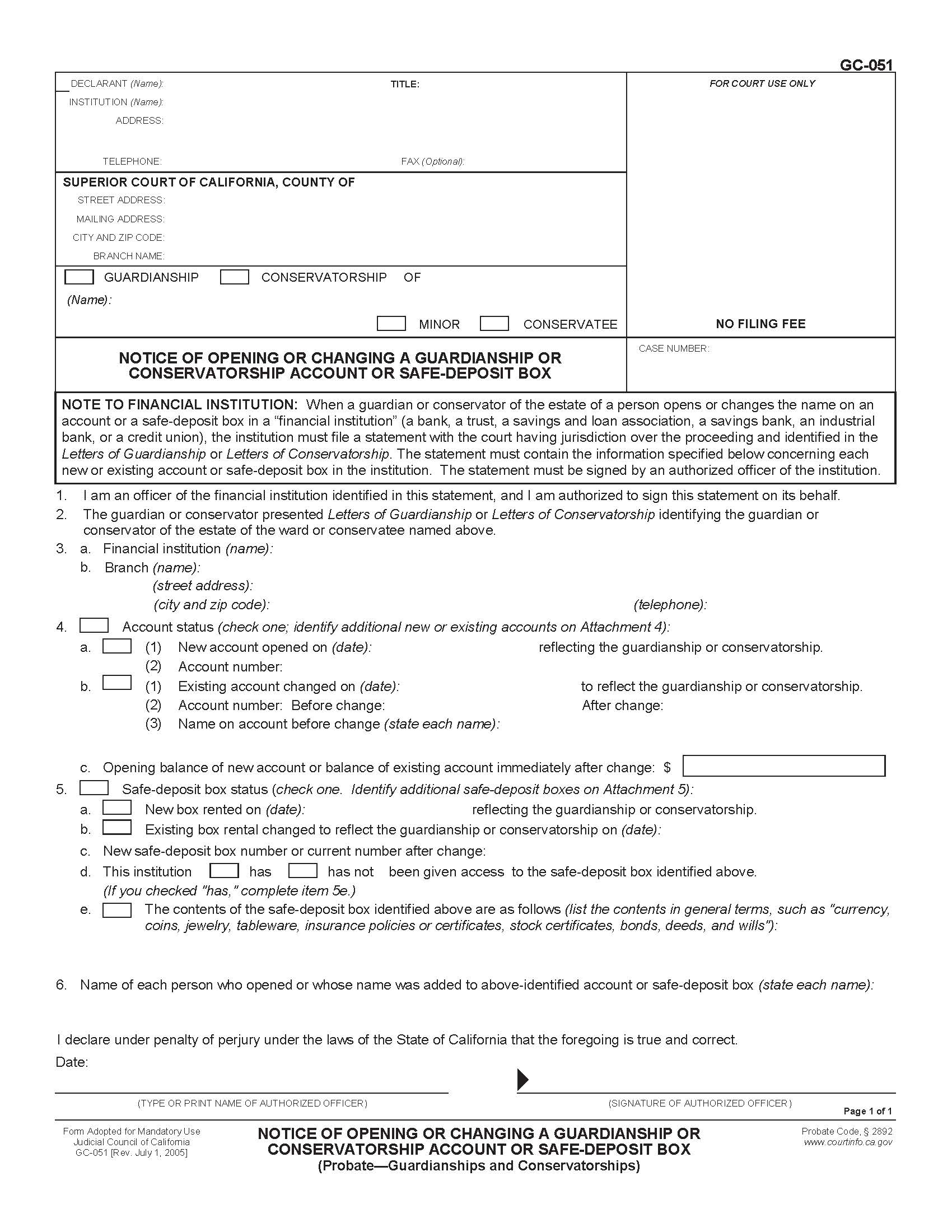 Notice Of Opening Or Changing A Guardianship Or Conservatorship Account Or Safe-Deposit Box (Probate-Guardianships) {GC-051} | Pdf Fpdf Doc Docx | California