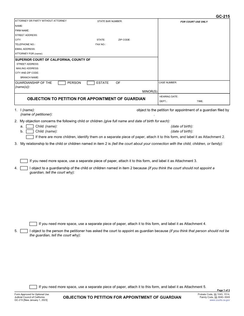Objection To Petition For Appointment Of Guardian {GC-215} | Pdf Fpdf Docx | California