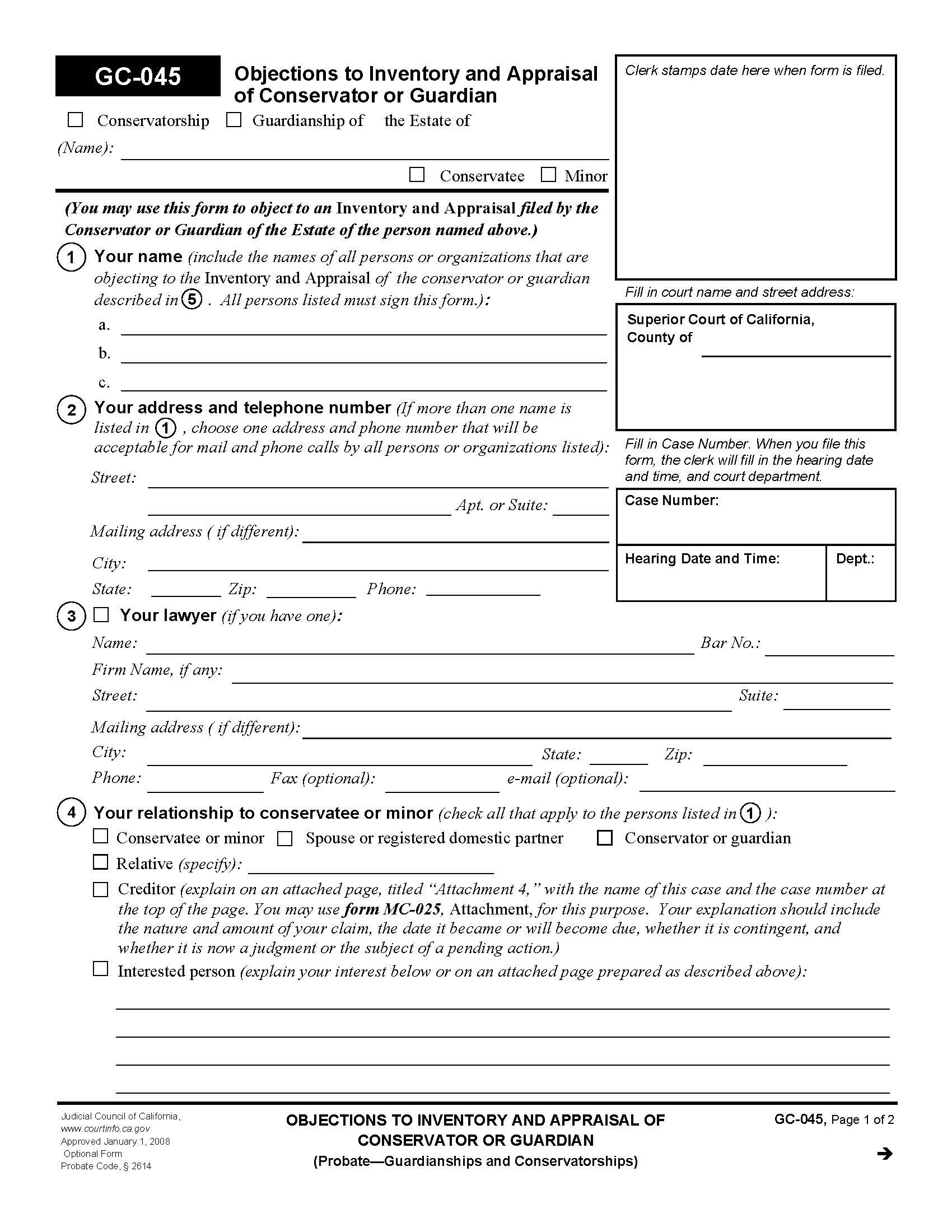 Objections To Inventory And Appraisal Of Conservator Or Guardian {GC-045} | Pdf Fpdf Doc Docx | California