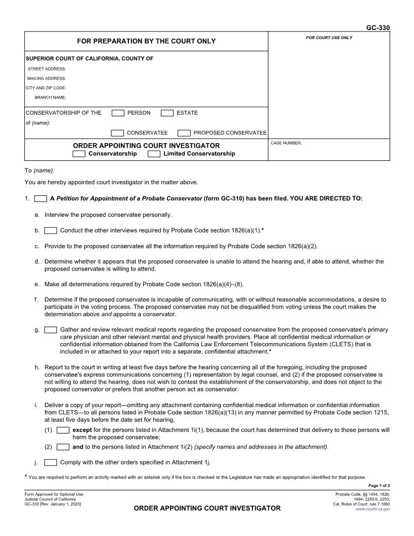 Order Appointing Court Investigator {GC-330} | Pdf Fpdf Doc Docx | California