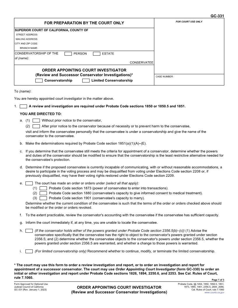 Order Appointing Court Investigator (Review And Successor Conservator Investigations) {GC-331} | Pdf Fpdf Doc Docx | California