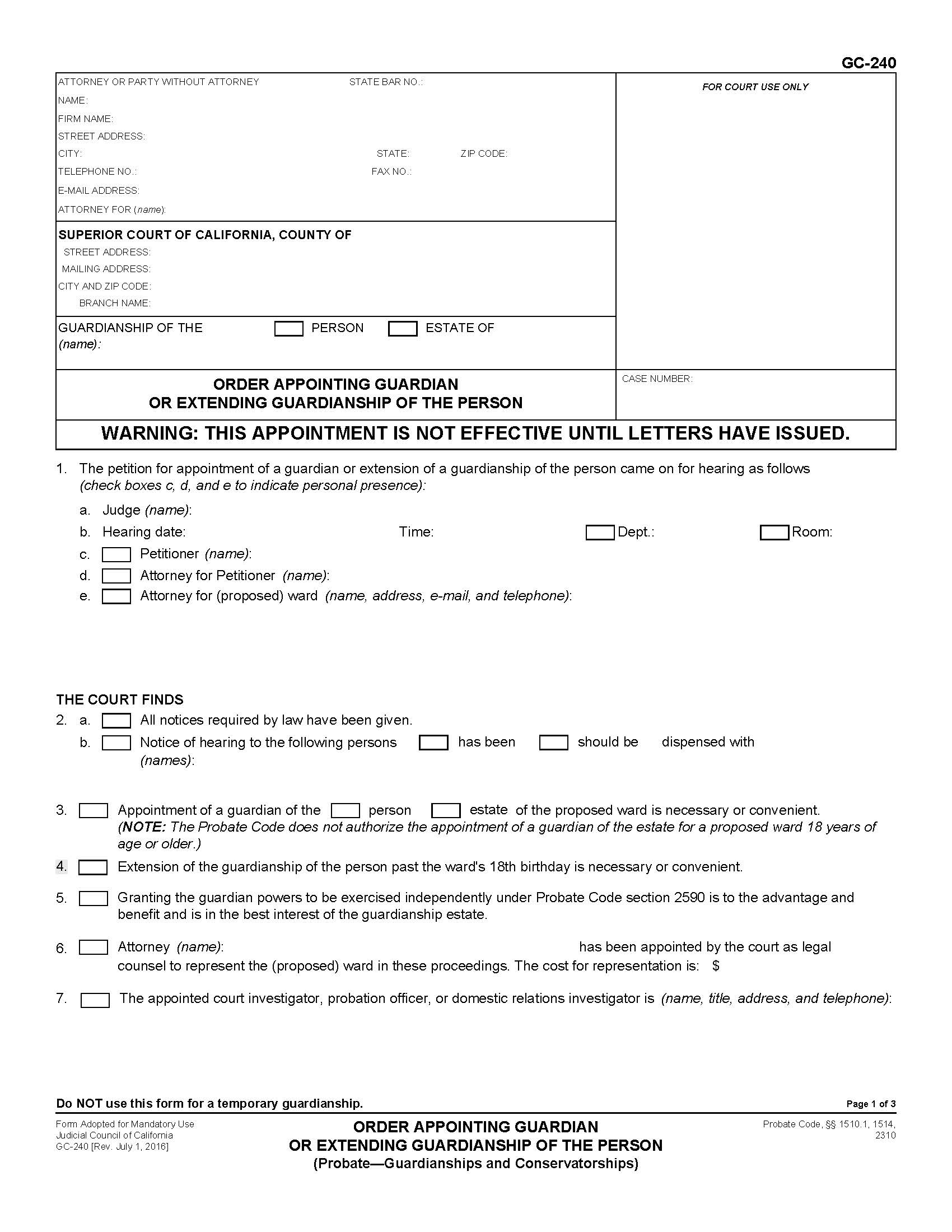 Order Appointing Guardian Or Extending Guardianship Of The Person {GC-240} | Pdf Fpdf Doc Docx | California