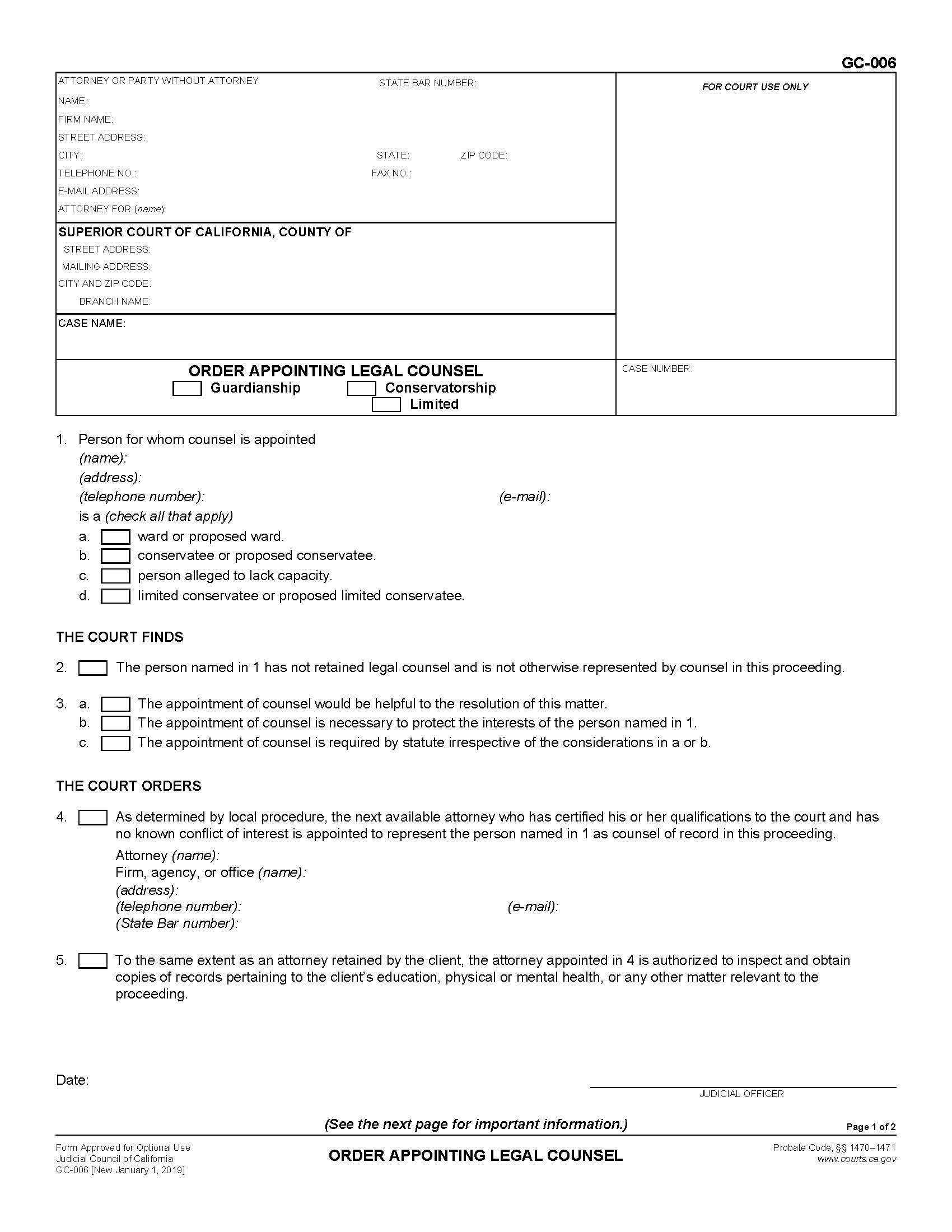 Order Appointing Legal Counsel {GC-006} | Pdf Fpdf Docx | California