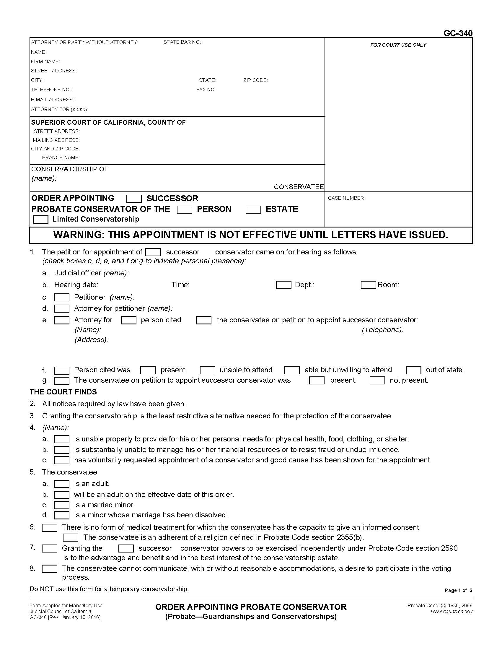 Order Appointing Probate Conservator (Probate-Guardianships And Conservatorships) {GC-340} | Pdf Fpdf Doc Docx | California