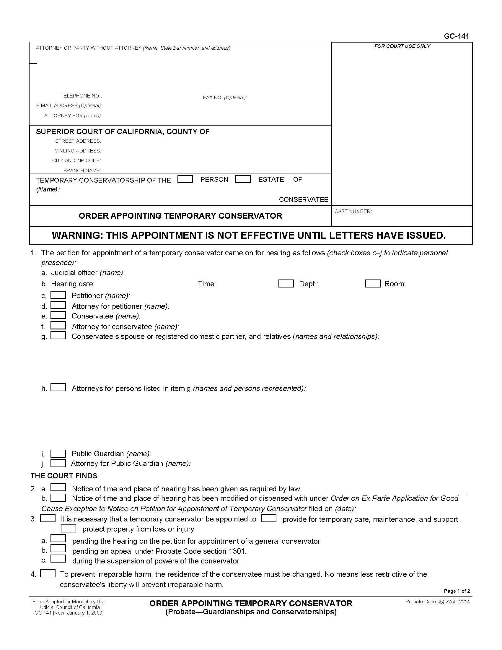 Order Appointing Temporary Conservator {GC-141} | Pdf Fpdf Doc Docx | California