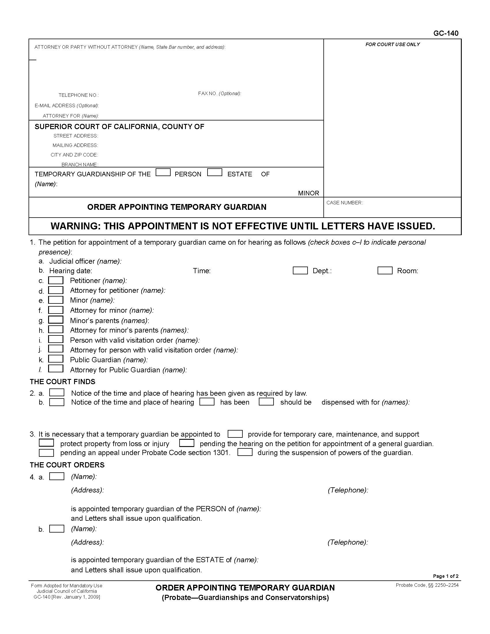 Order Appointing Temporary Guardian (Probate-Guardianships And Conservatorships) {GC-140} | Pdf Fpdf Doc Docx | California